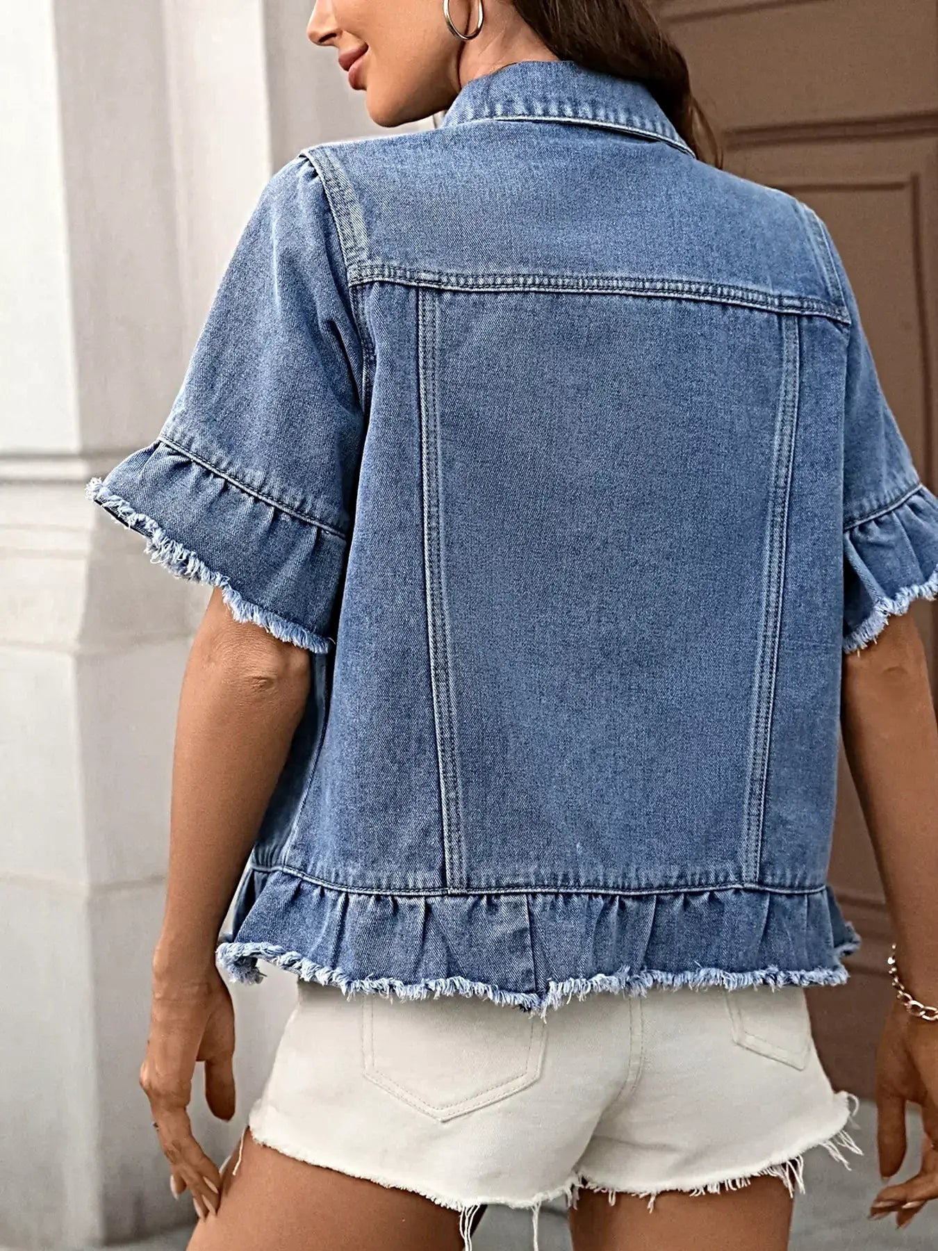 Chic Raw Hem Button Up Denim Jacket with Ruffled Details - Trendy Fashion for Every Occasion -