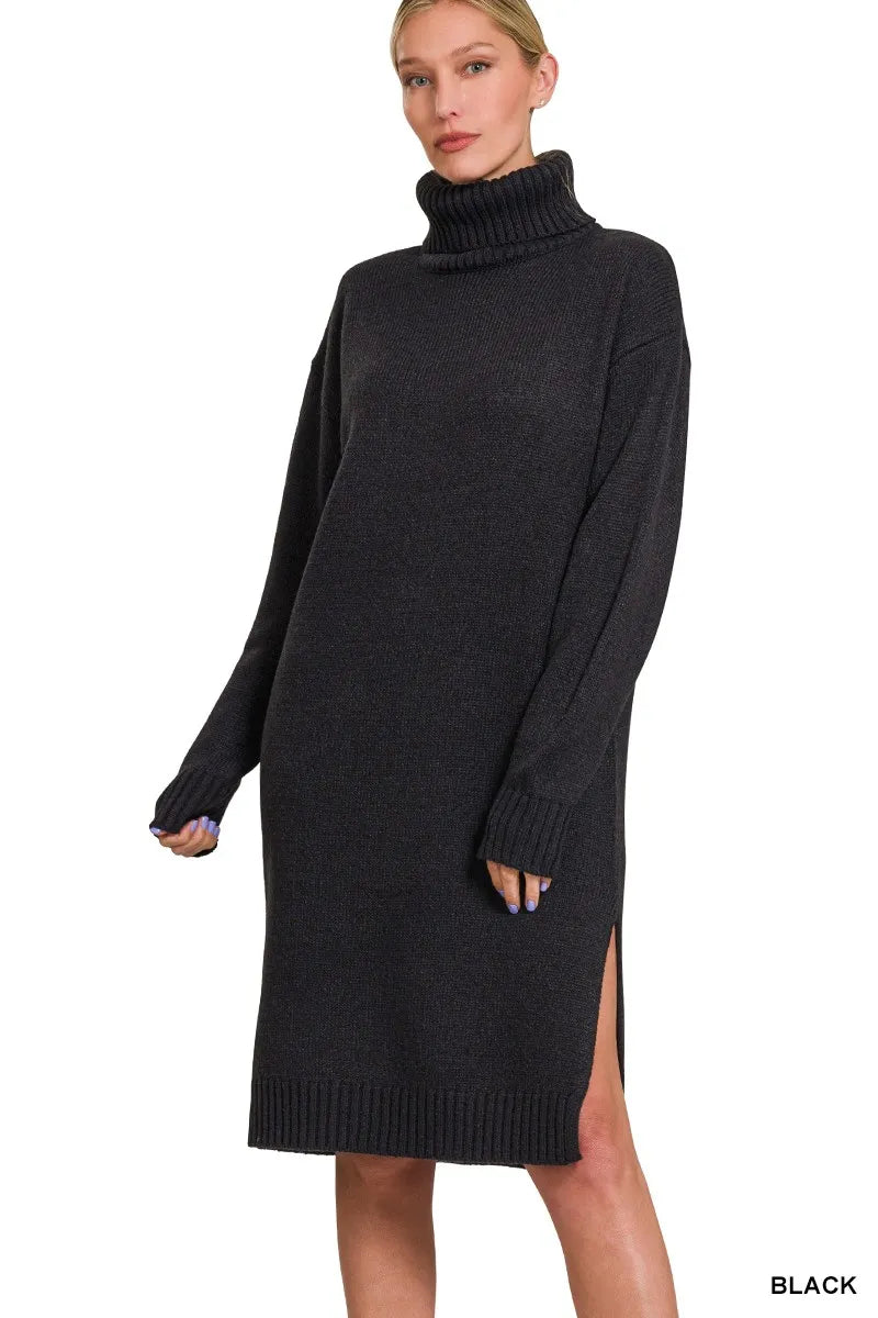 Zenana Turtle Neck Long Sleeve Midi Sweater Dress -