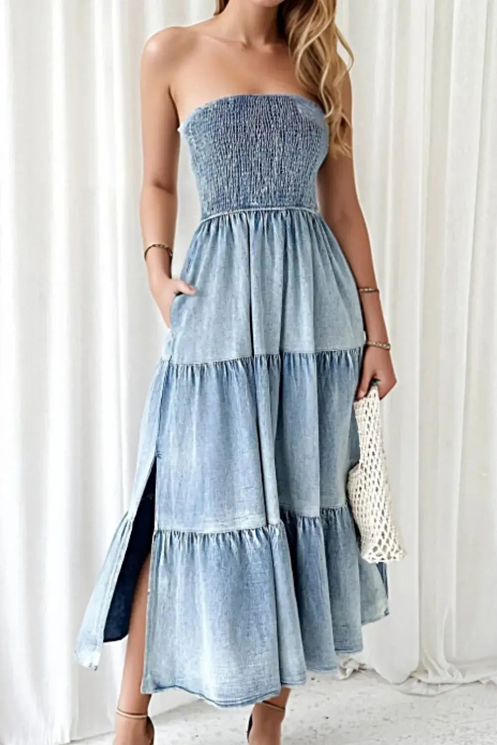 Smocked Tube Slit Tiered Denim Dress -