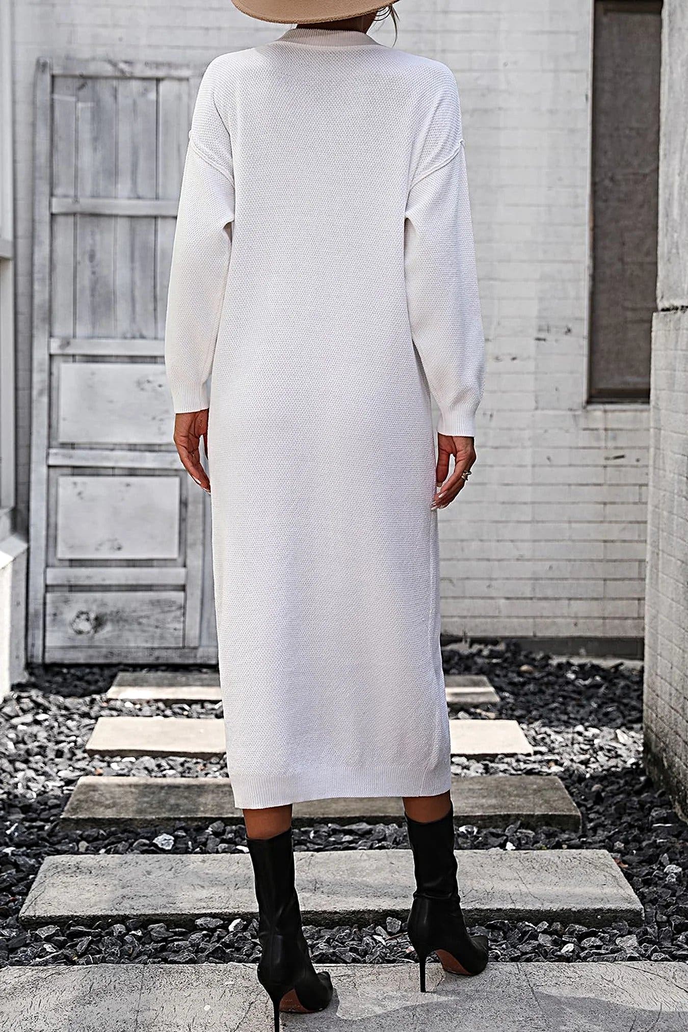 Notched Neck Dropped Shoulder Button-Down Midi Dress -