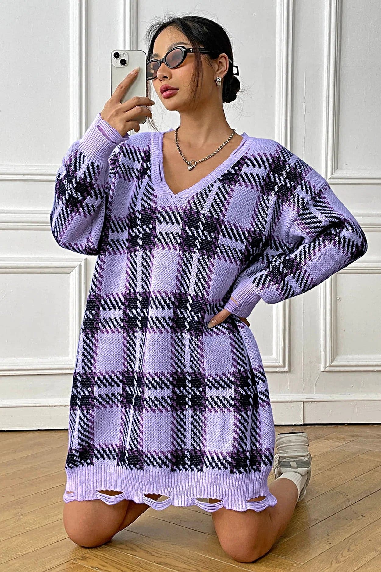 Plaid V-Neck Long Sleeve Sweater Dress -