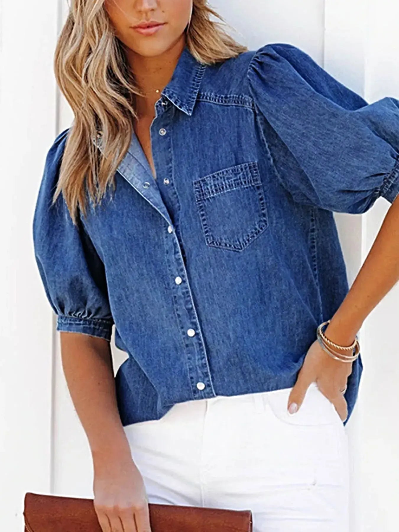 Puff Sleeve Button-Down Denim Top -