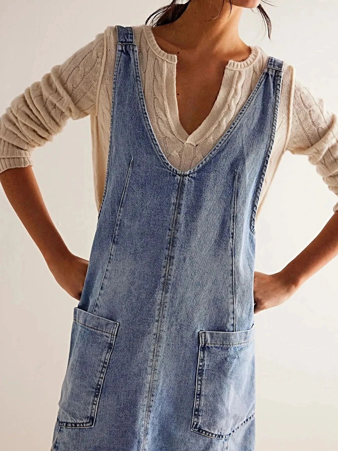 Oversized V-Neck Denim Tank Dress with Front Pockets -