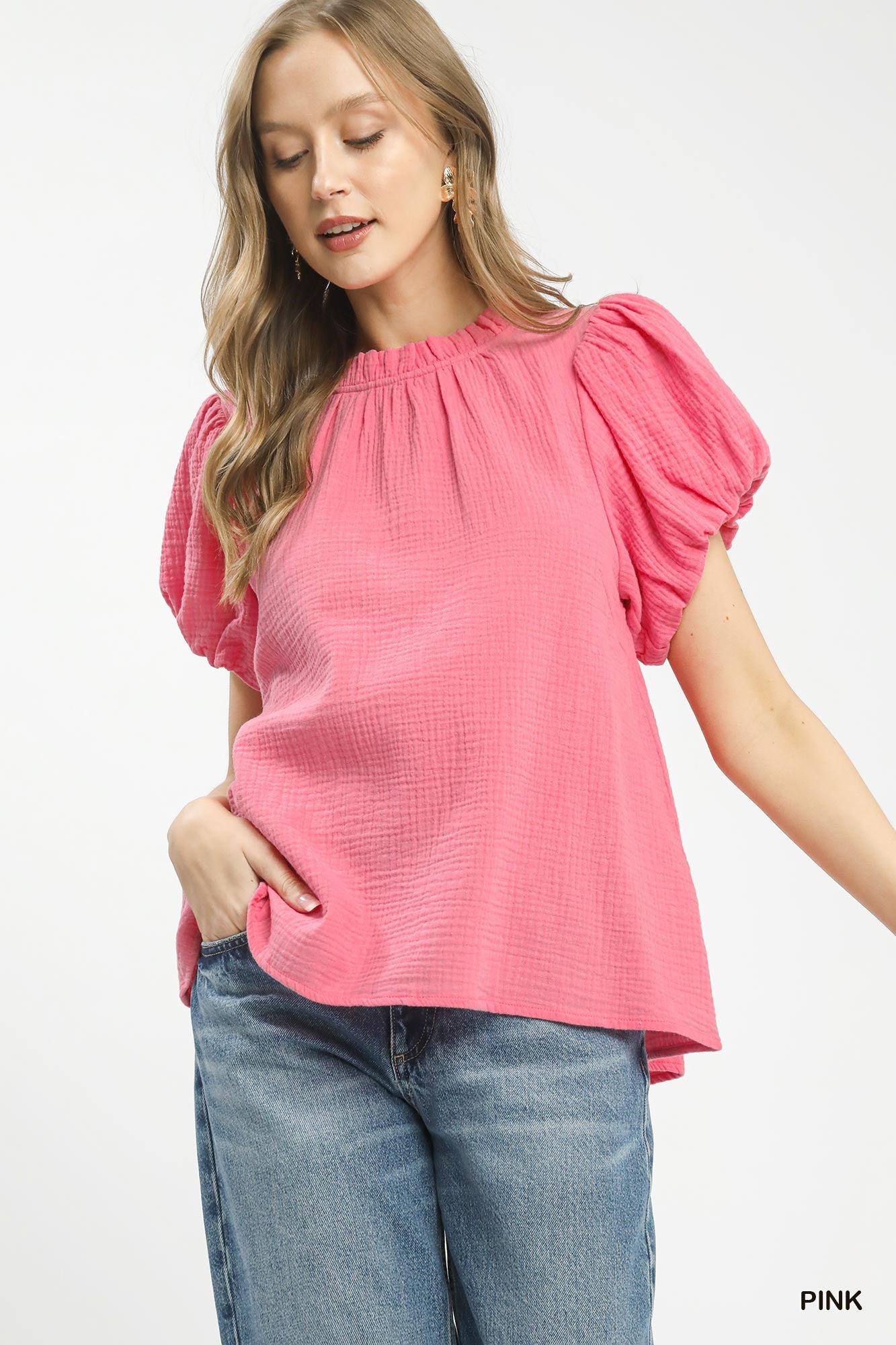 Umgee Textured Gauze Ruffle Neck Boho Top -