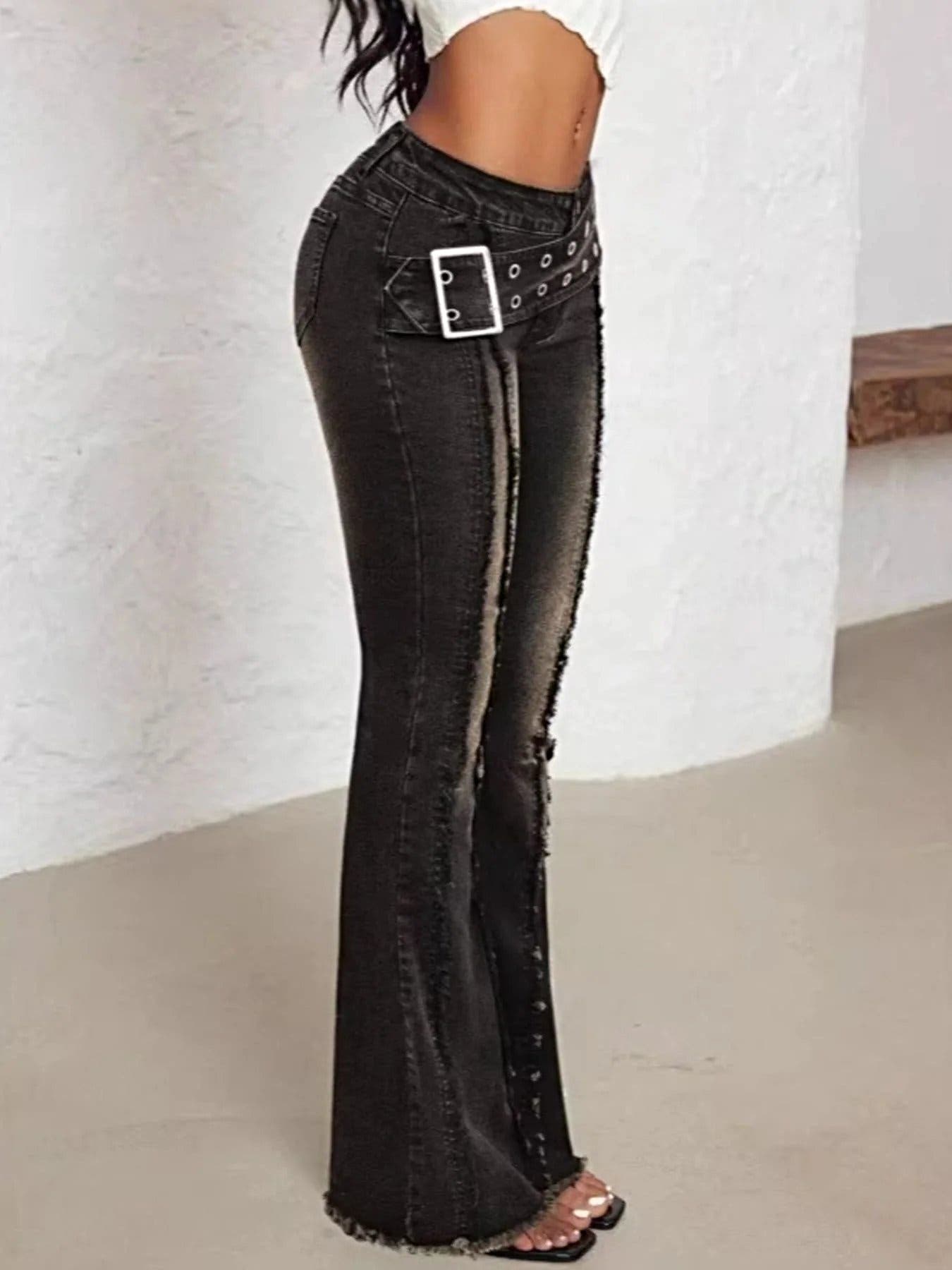 Belted High Waist Flare Jeans -
