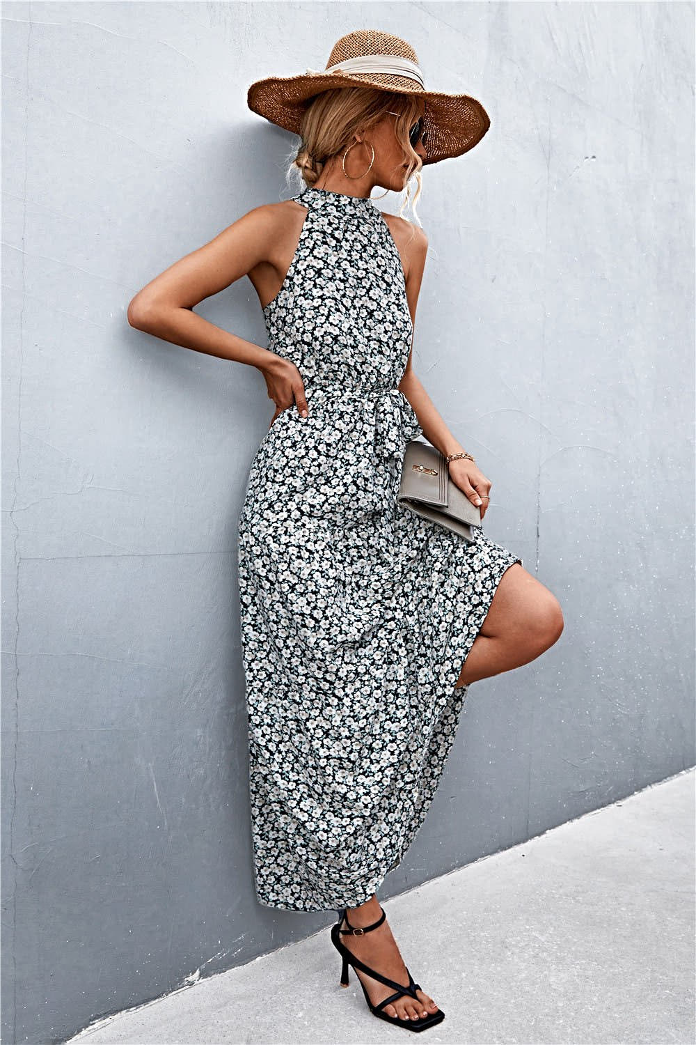 Grecian Printed Tie Waist Maxi Dress with Sleeveless Design and Polka Dot Floral Pattern Trendsi