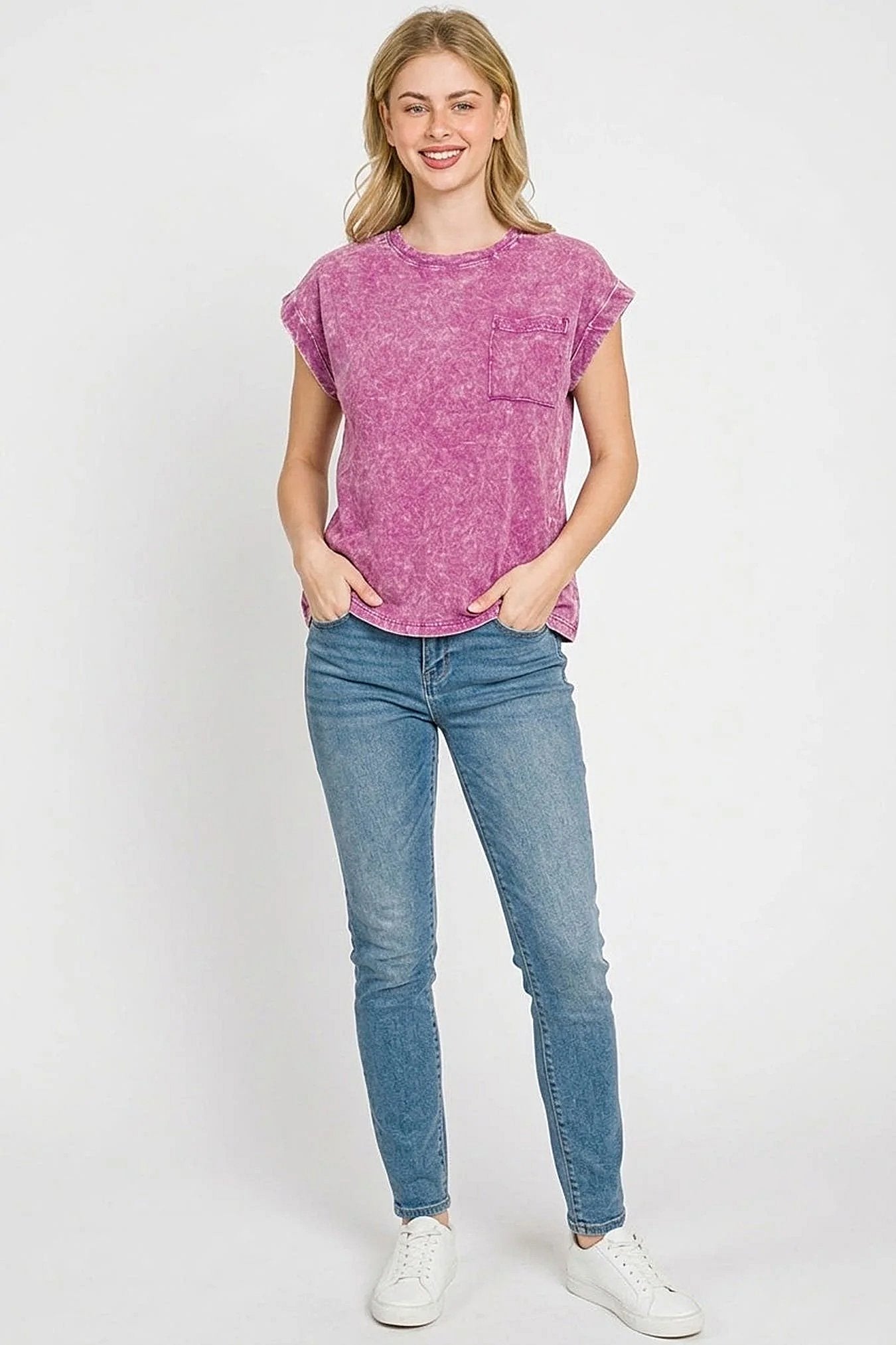 Zenana Full Size Crinkle Washed Round Neck Folded Short Sleeve Tee Plus Size -