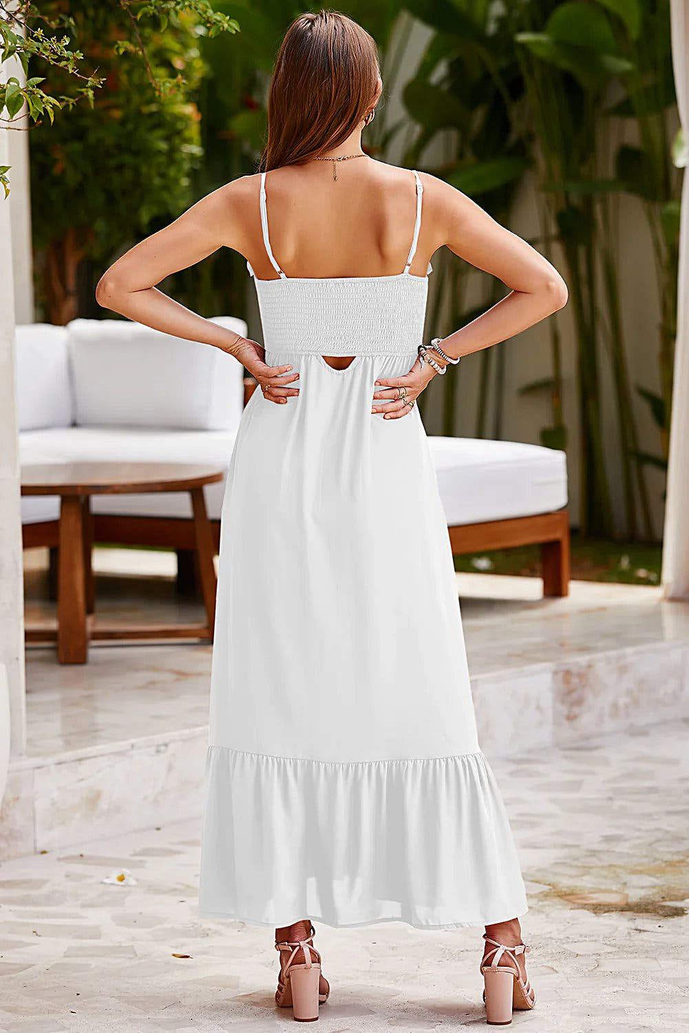 Smocked Spaghetti Strap Ruffle Hem Dress -