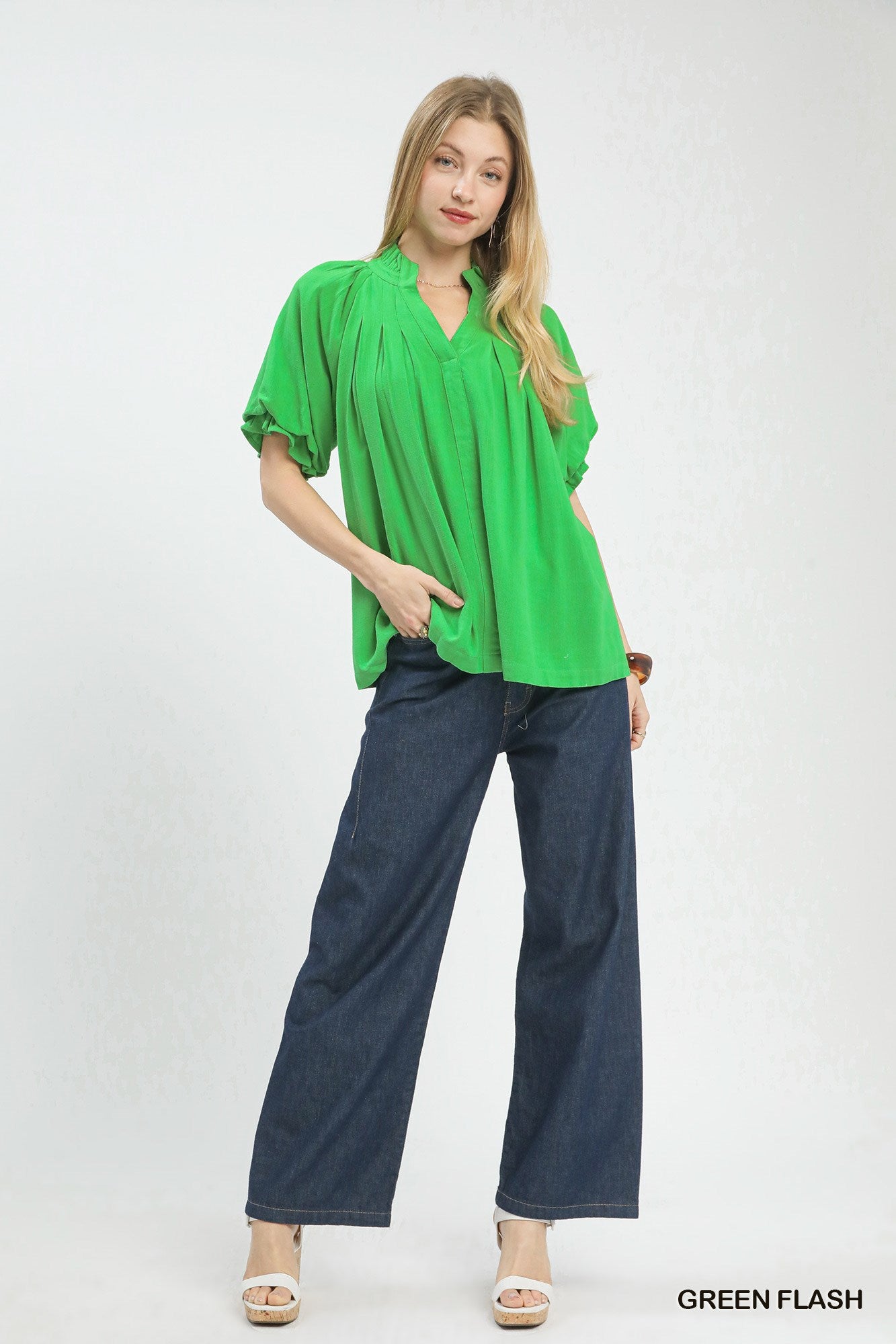 Umgee Linen V-Neck Flutter Sleeve Top -