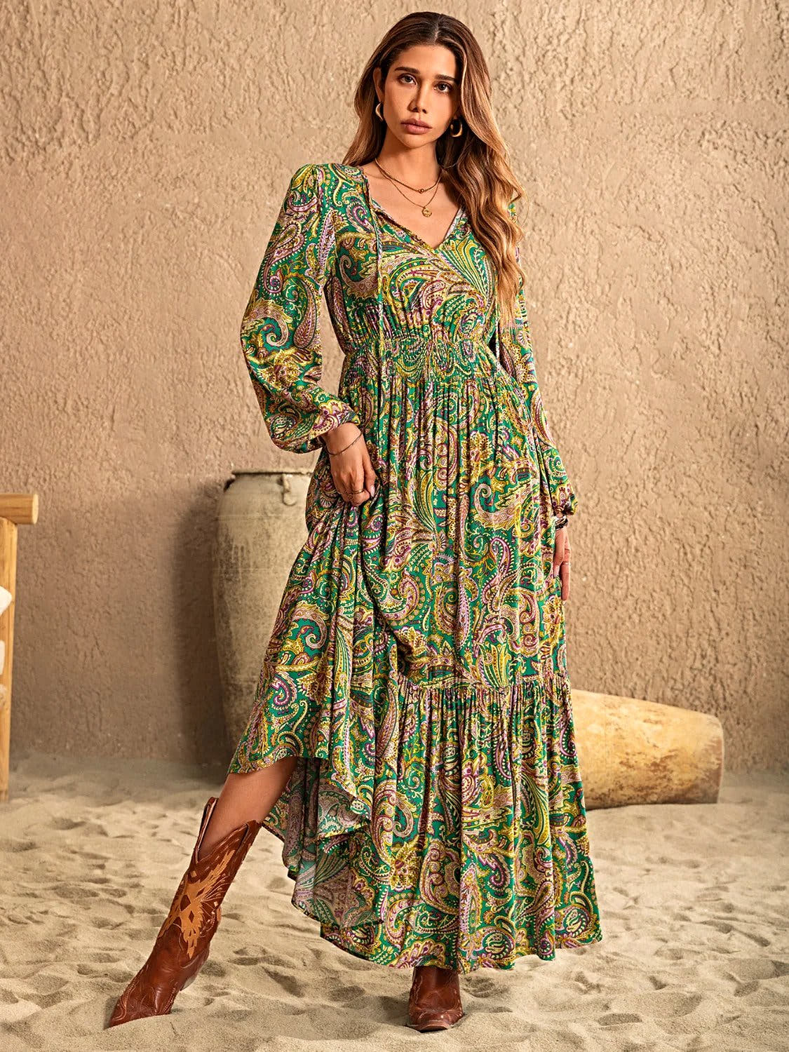Printed Tie Neck Long Sleeve Dress -