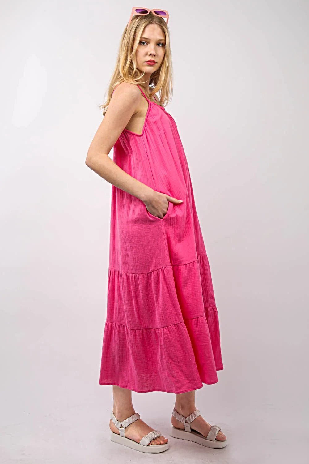 Elegant Ruffled A-Line Midi Dress with Sleeveless Design and Side Pockets, 100% Cotton Trendsi
