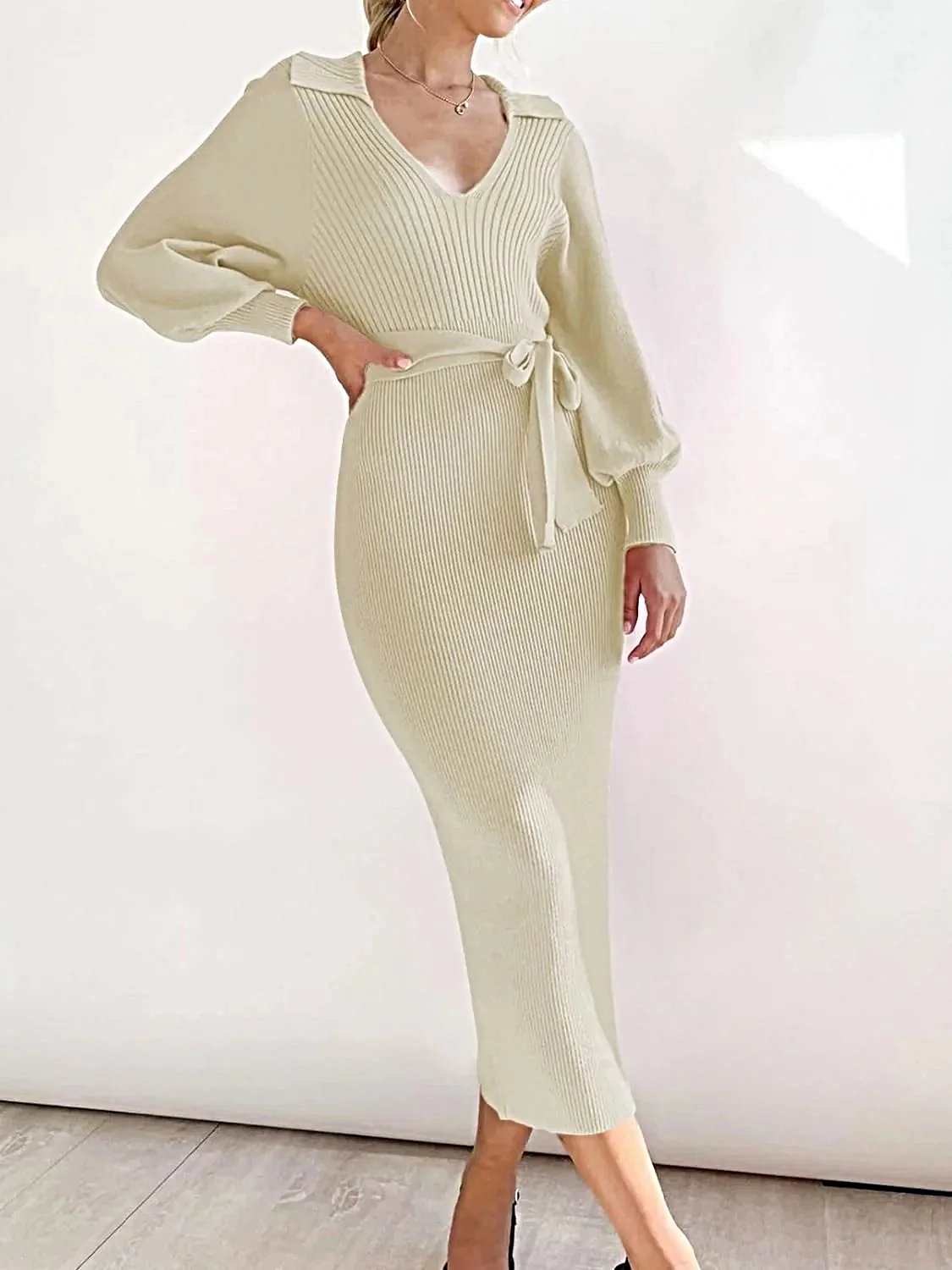 Perfee Tied Long Sleeve Wrap Sweater Dress -