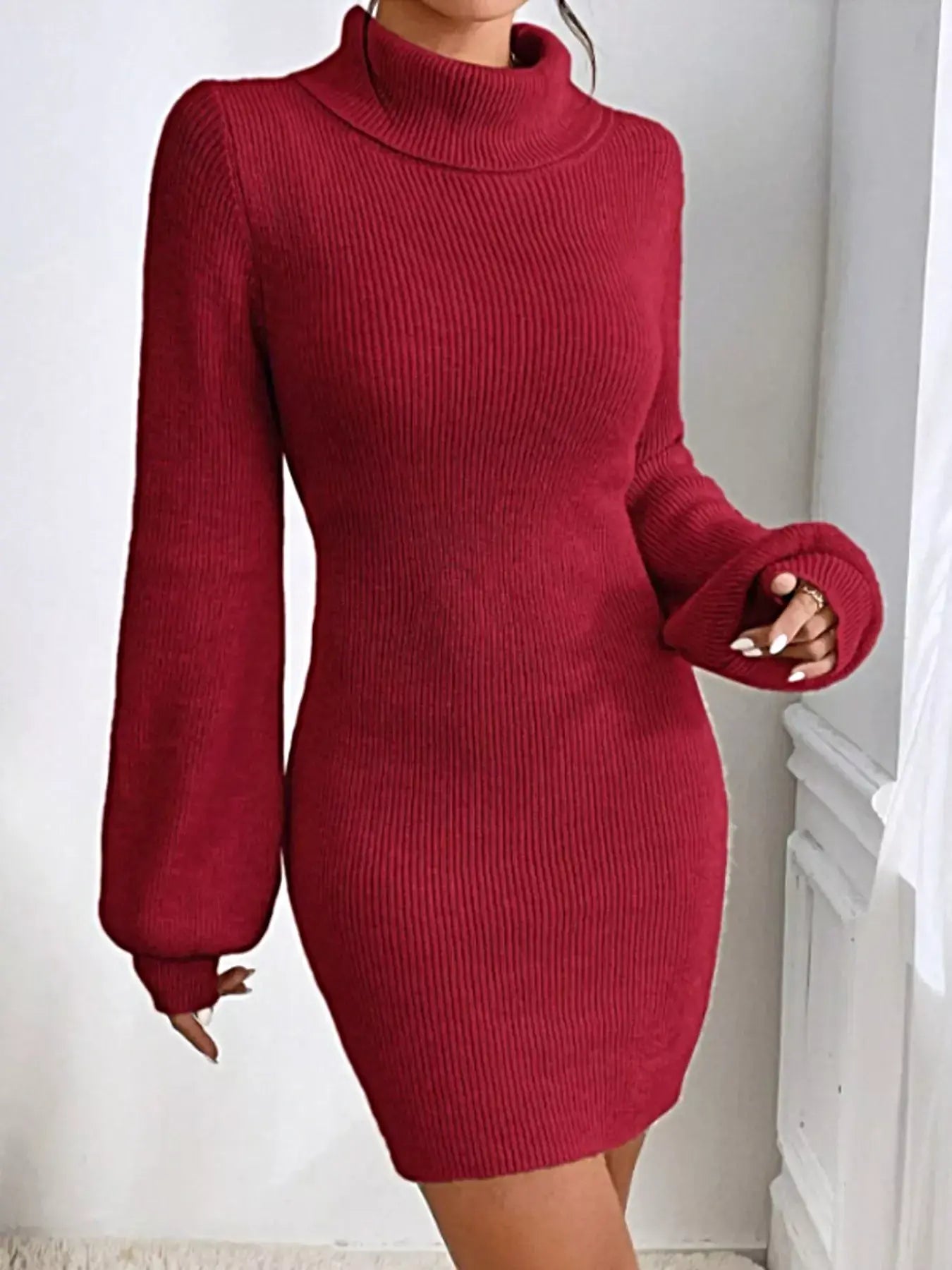 Women's Ribbed Turtleneck Sweater Dress - Stretch Knit For Elegant Cold-Weather Style -