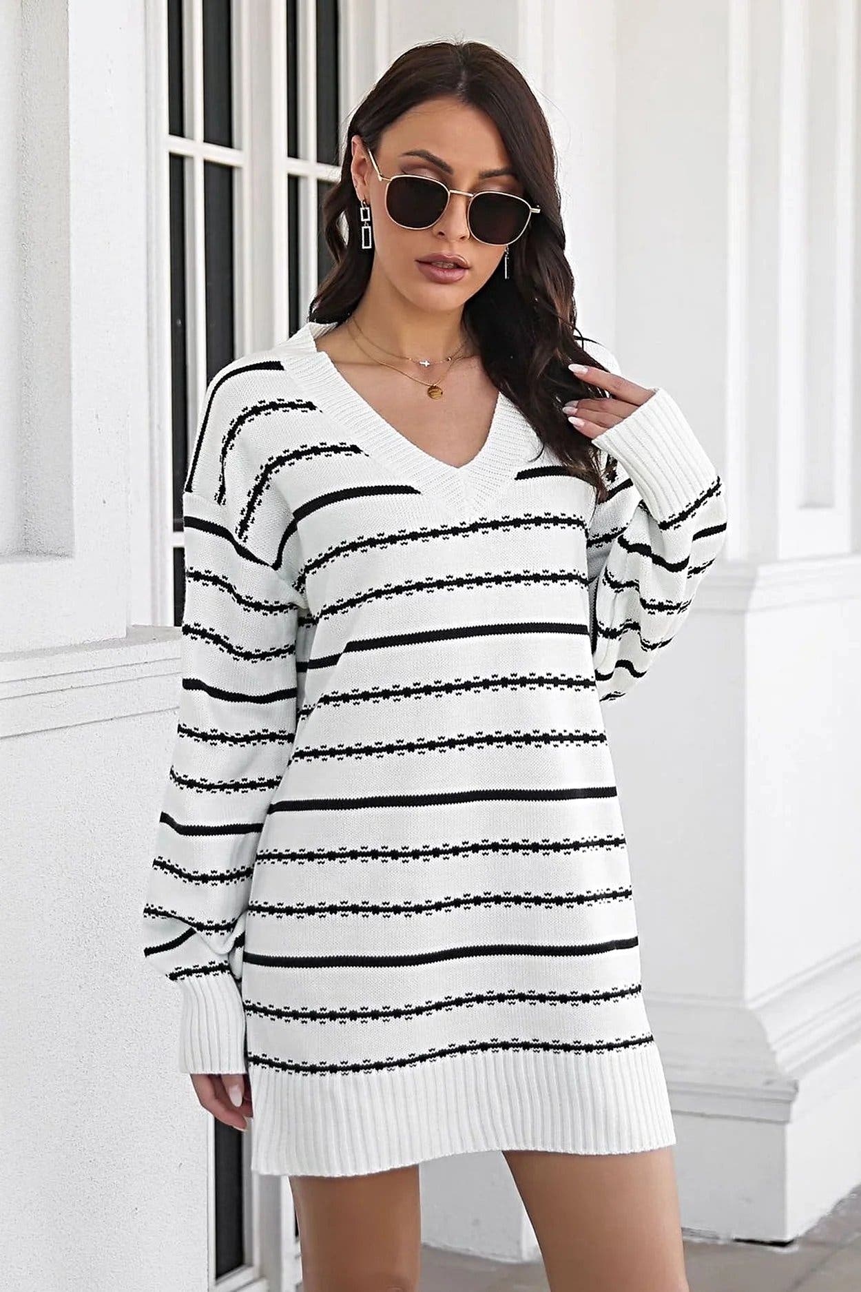 Striped V-Neck Sweater Dress -