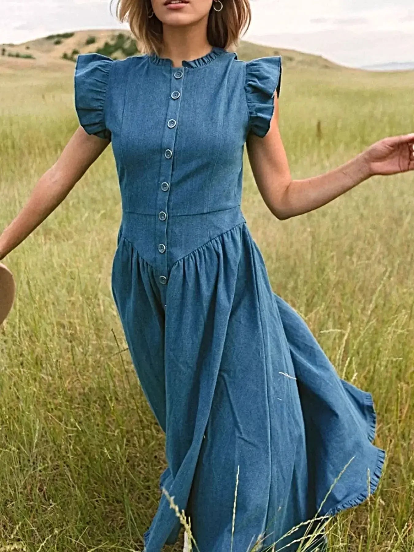 Ruffled Cap Sleeve Denim Dress -