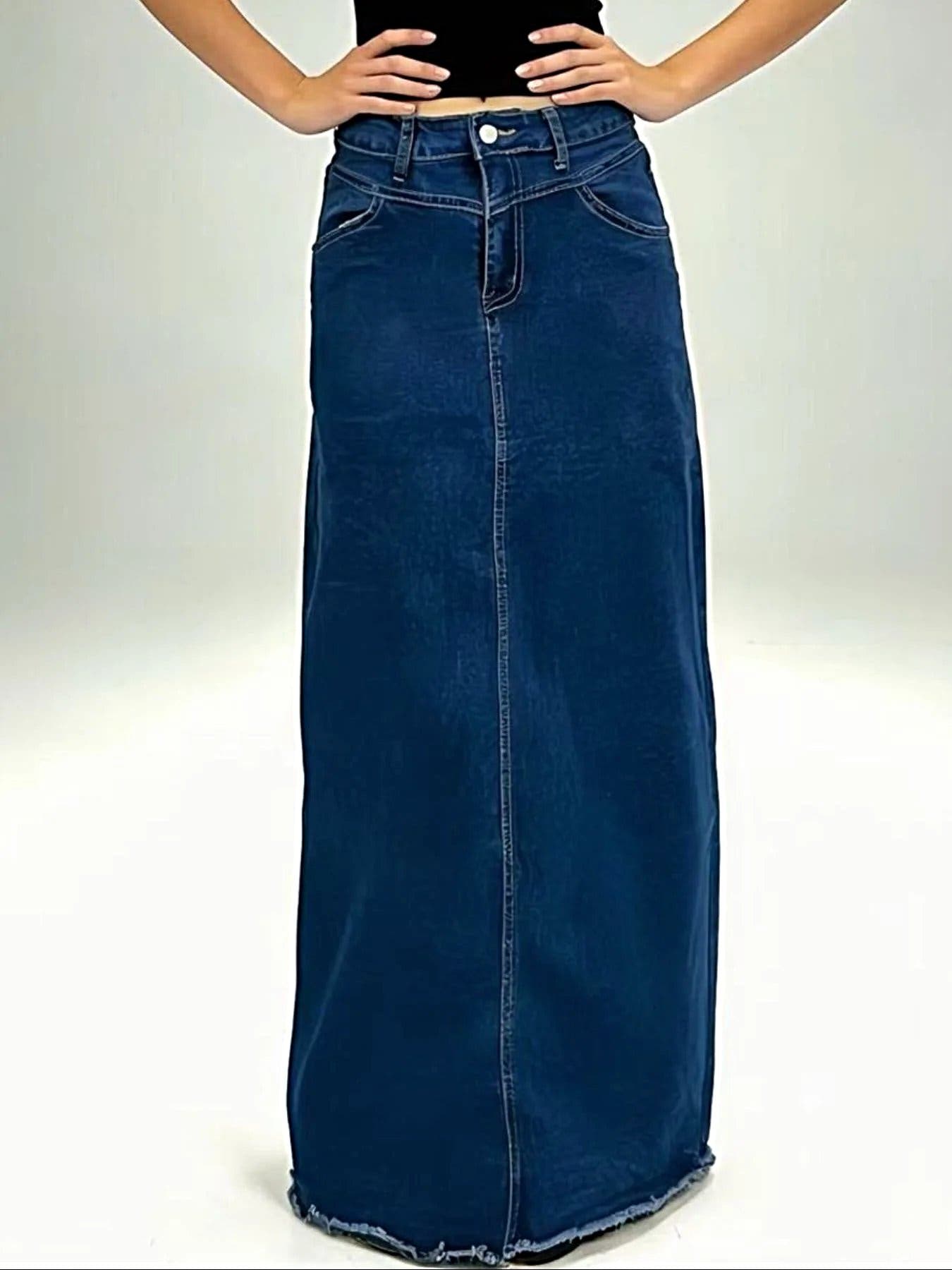 Raw Hem Maxi Denim Skirt -