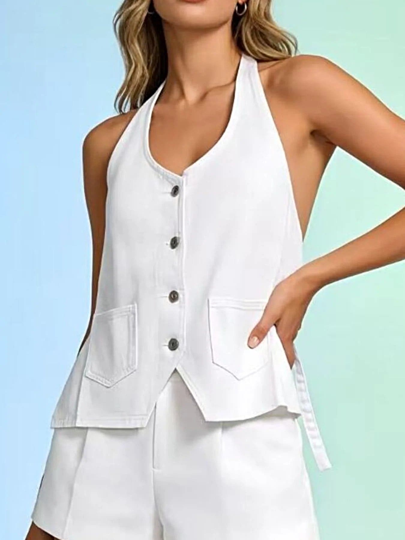 Halter Neck Button-Down Denim Vest -