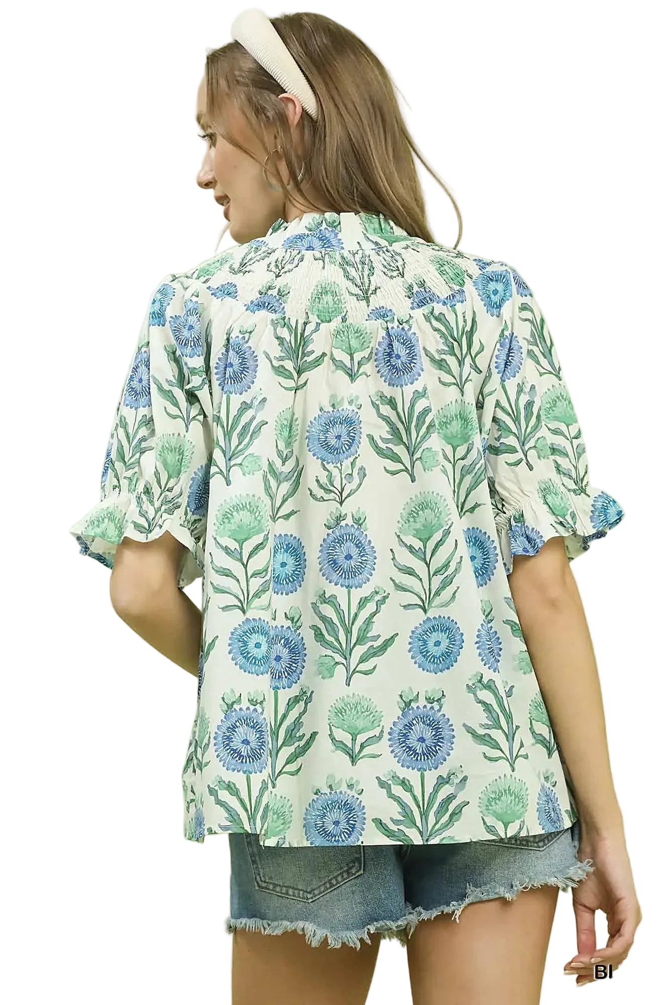 Umgee Floral Button-Front Short Sleeve Top -