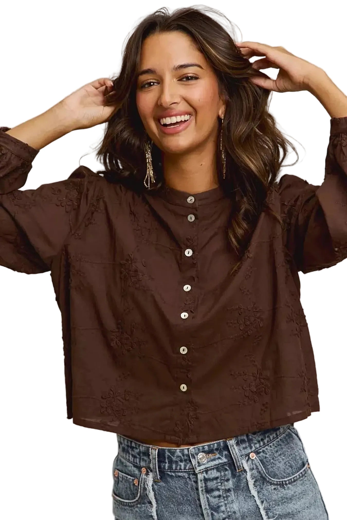 SO ME 3d Floral Woven Long Sleeve Front Button Shirt -