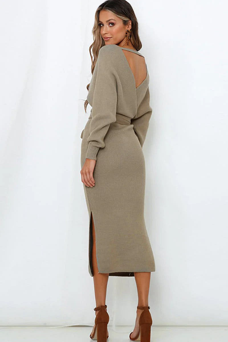 Elegant Surplice Neck Sweater Dress with Bow Waist and Slit Detail - Highly Stretchy, Regular Fit Trendsi