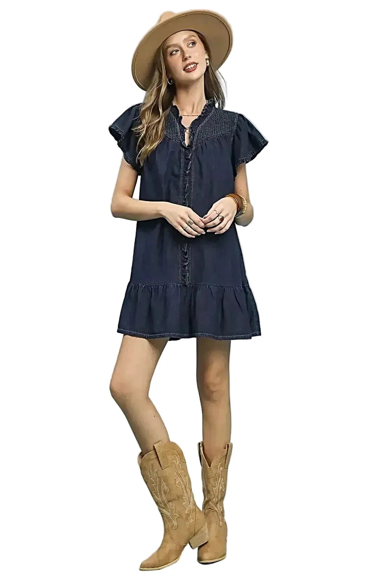 Umgee Ruffled Washed Denim Dress -
