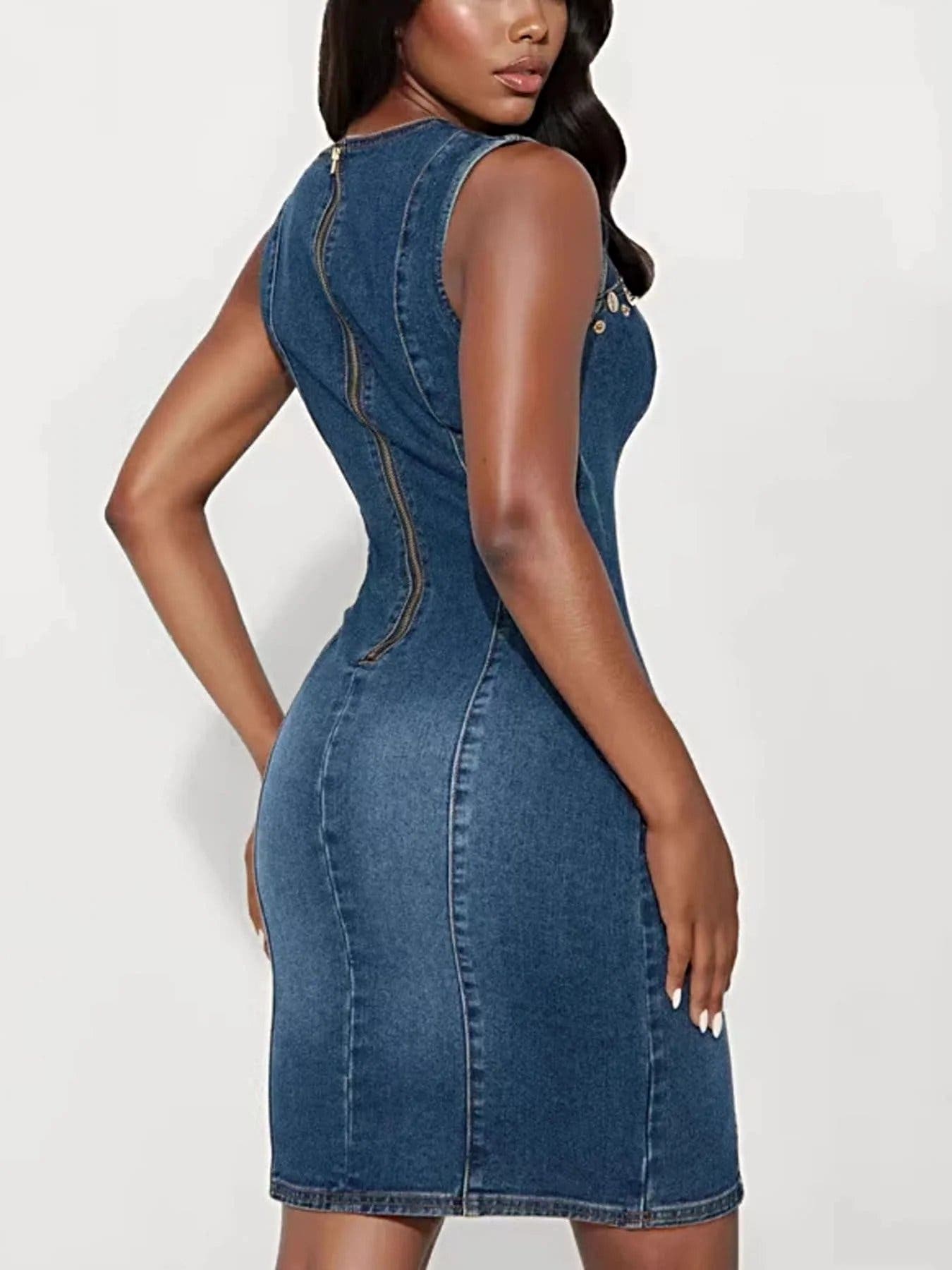 Embellished Cutout Sleeveless Denim Dress -