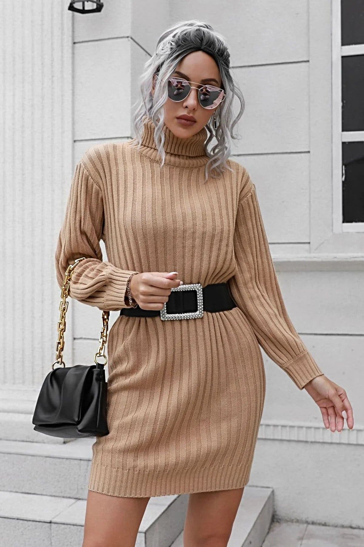 Ribbed Turtle Neck Long Sleeve Mini Sweater Dress -