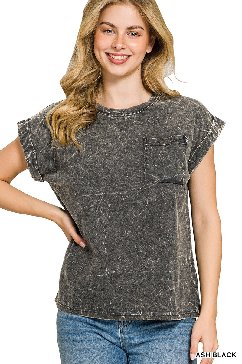 Zenana Full Size Crinkle Washed Round Neck Folded Short Sleeve Tee Plus Size -