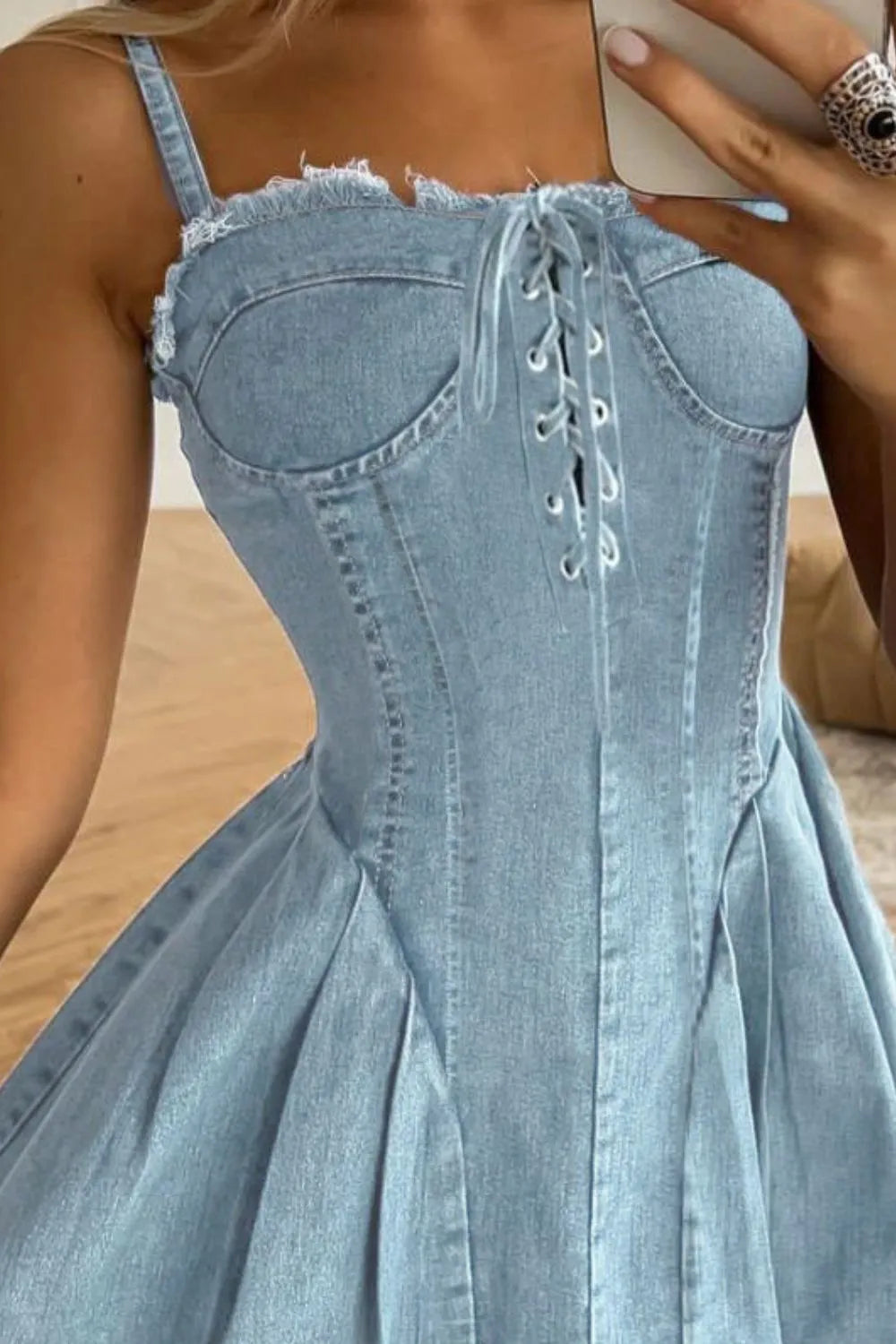 Lace Up Denim Cami Dress -