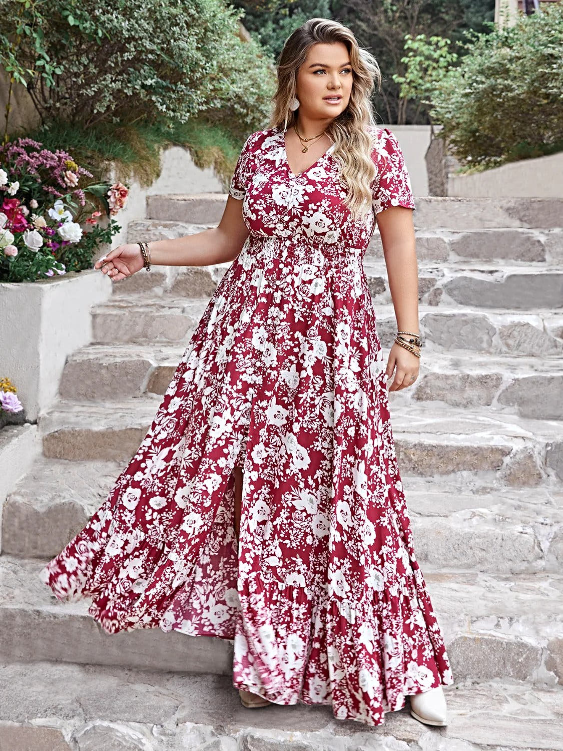 Elegant Plus Size Maxi Dress with Slit, V-Neck Design, Opaque 100% Viscose Fabric Trendsi