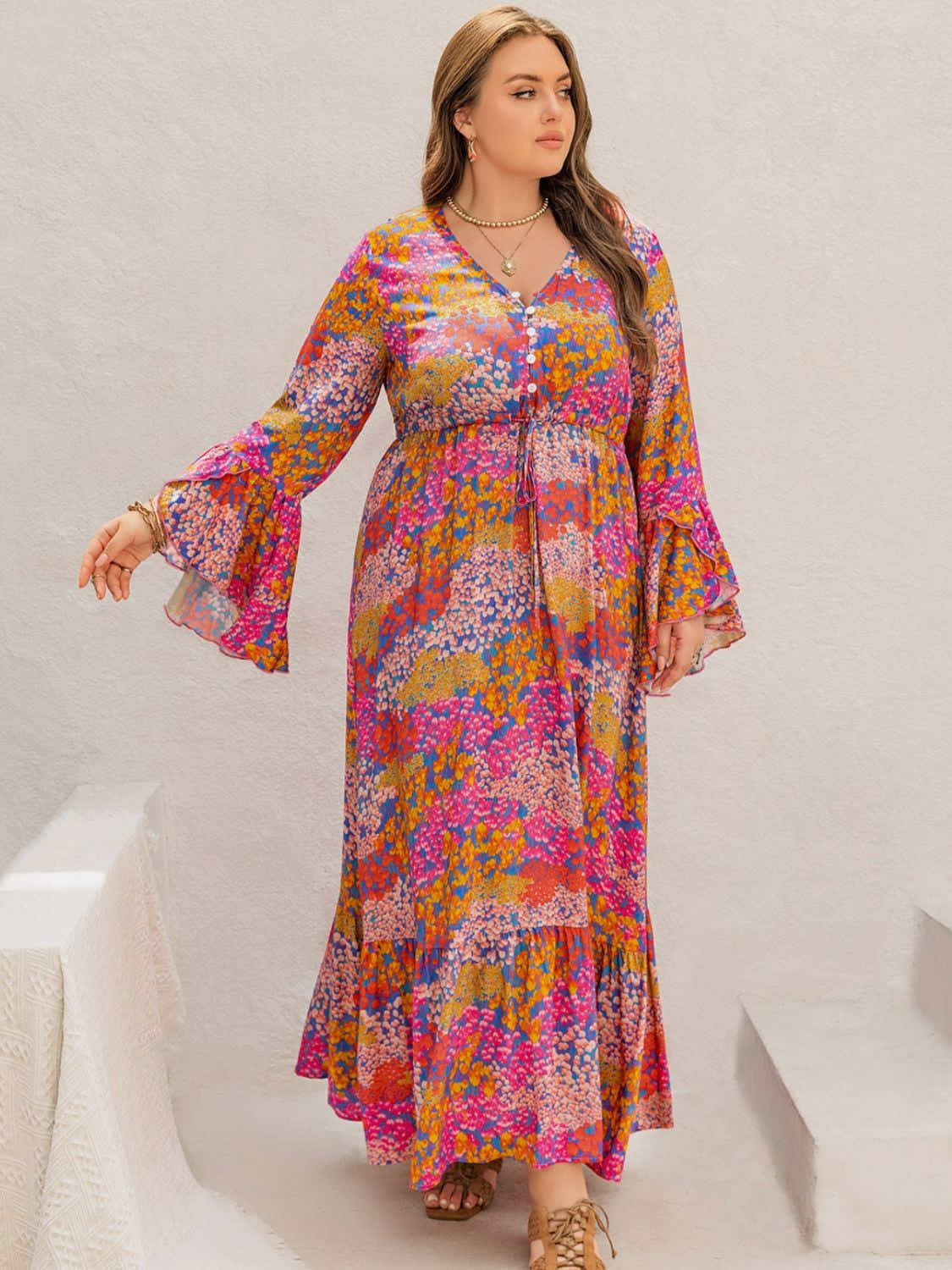Plus Size Printed V-Neck Long Sleeve Maxi Dress Trendsi