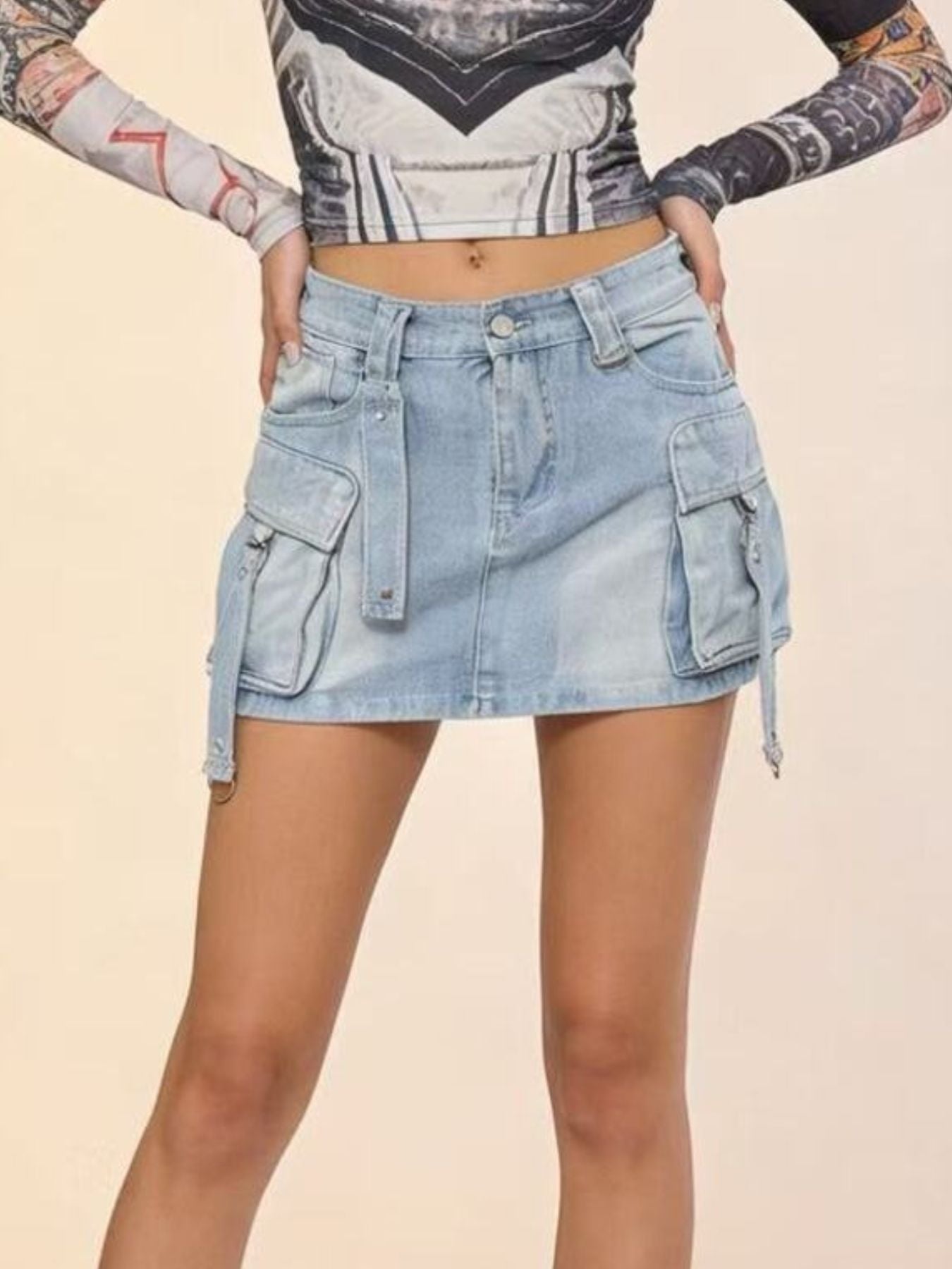 Washed Cargo Denim Skirt -