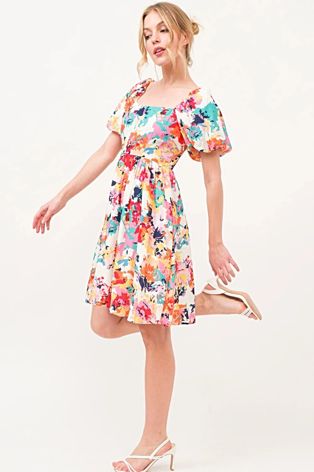 Floral Puff Sleeve Dress with Square Neckline and Pockets - Trendy Women's Fashion Trendsi