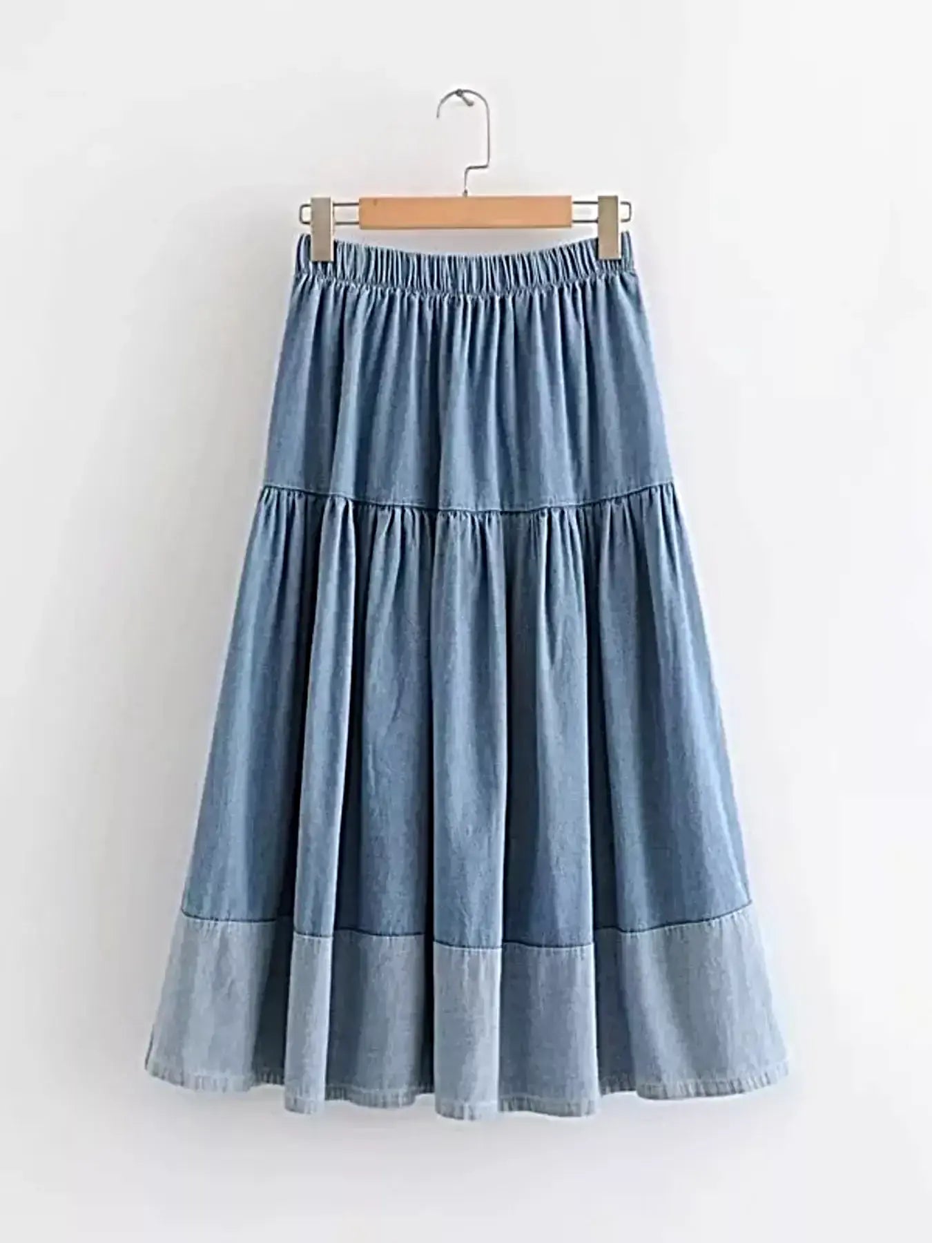 Elegant Tiered Denim Skirt - Midi Length, 100% Polyester, Machine Washable -