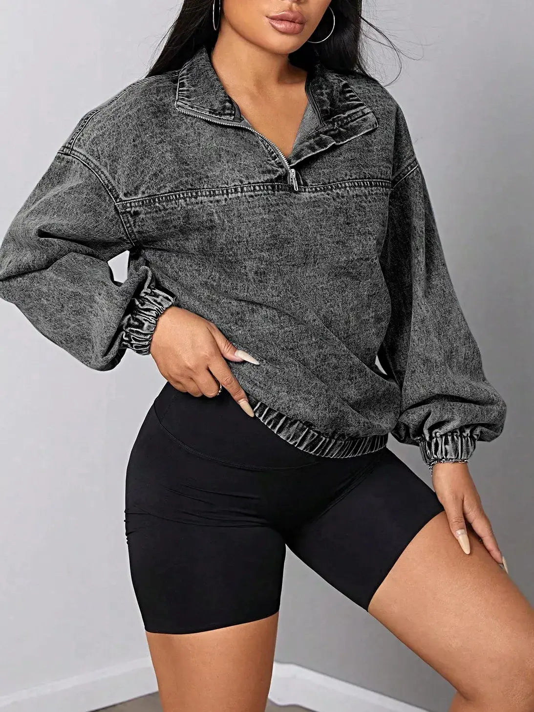 Elastic Hem Quarter Zip Denim Top -