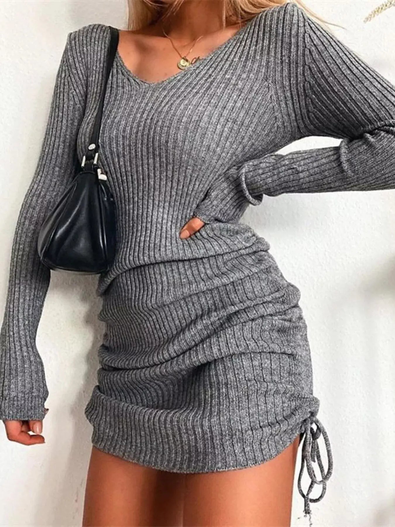 Full Size Ribbed Knit Drawstring Bodycon Sweater Dress Plus Size -