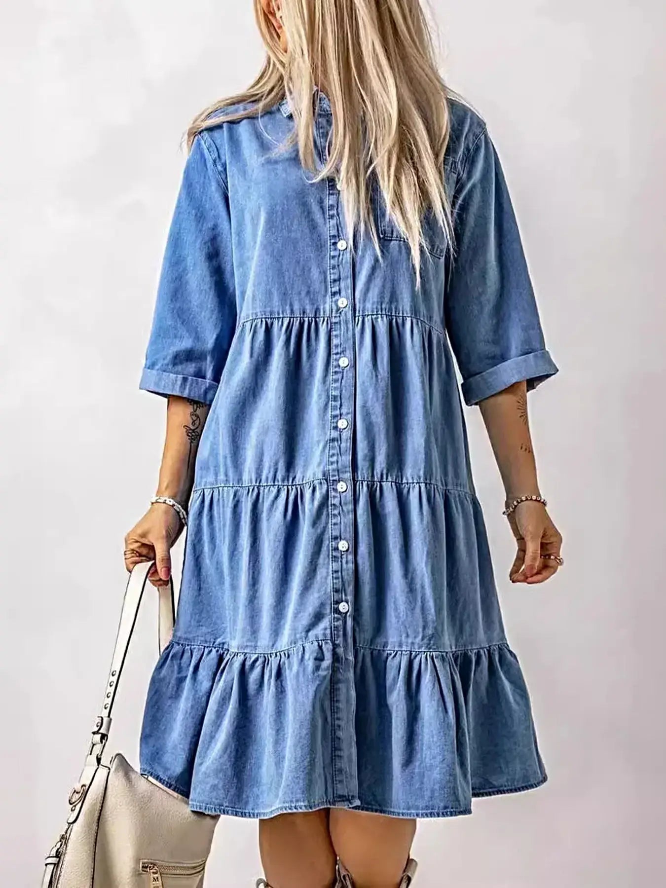 Full Size Ruffled Hem Button Up Denim Midi Dress Plus Size -