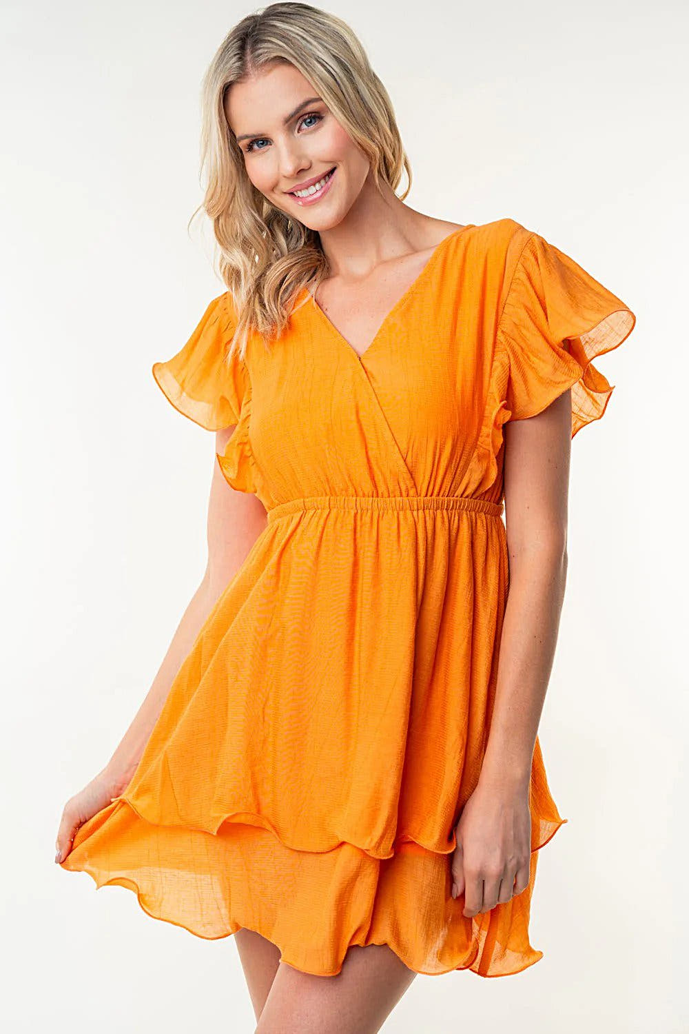 Elegant White Birch Layered Short Sleeve Dress with Surpliced Front and Flattering Elastic Waist Trendsi