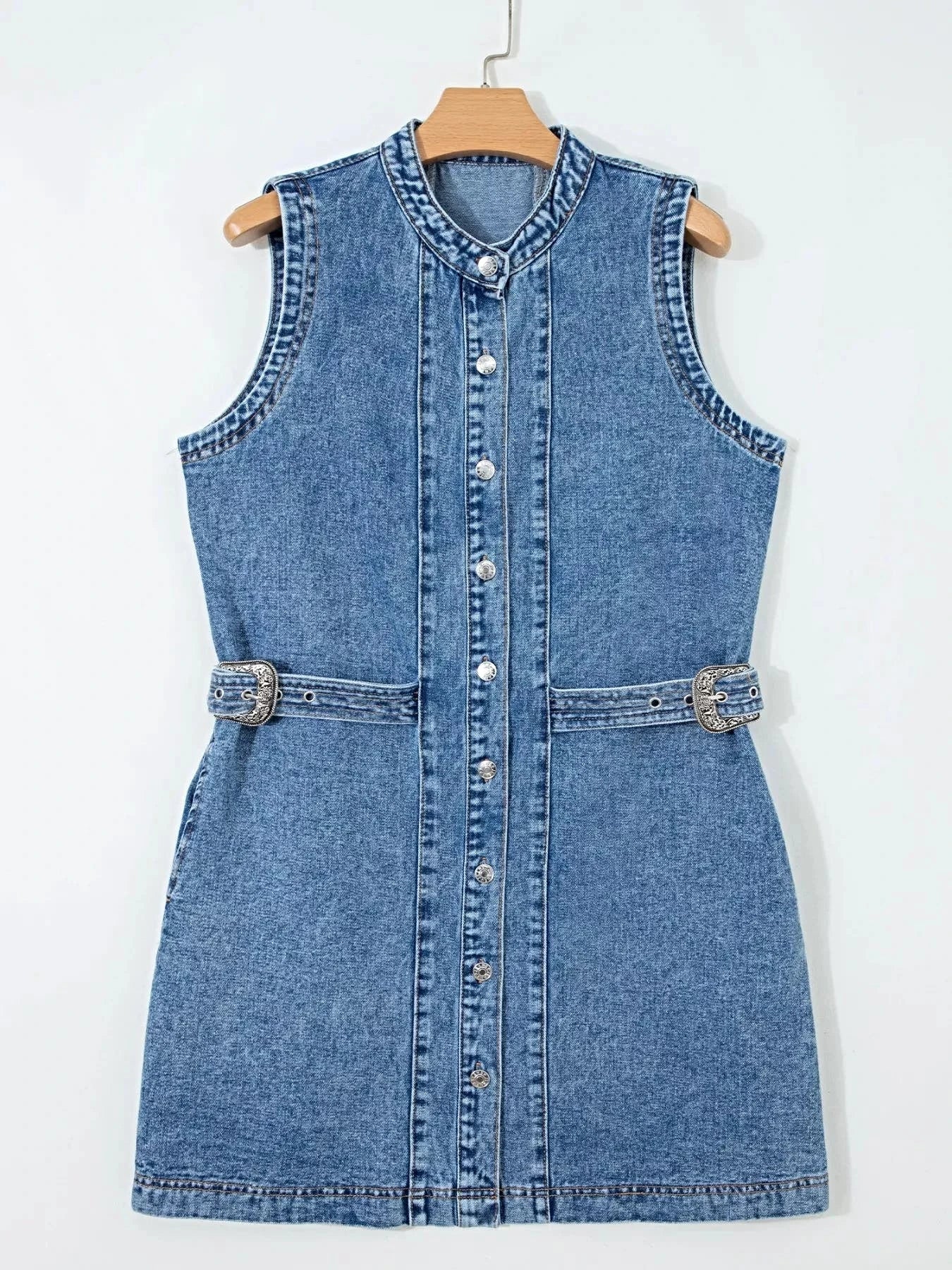 Western Belt Button Down Sleeveless Denim Short Dress -