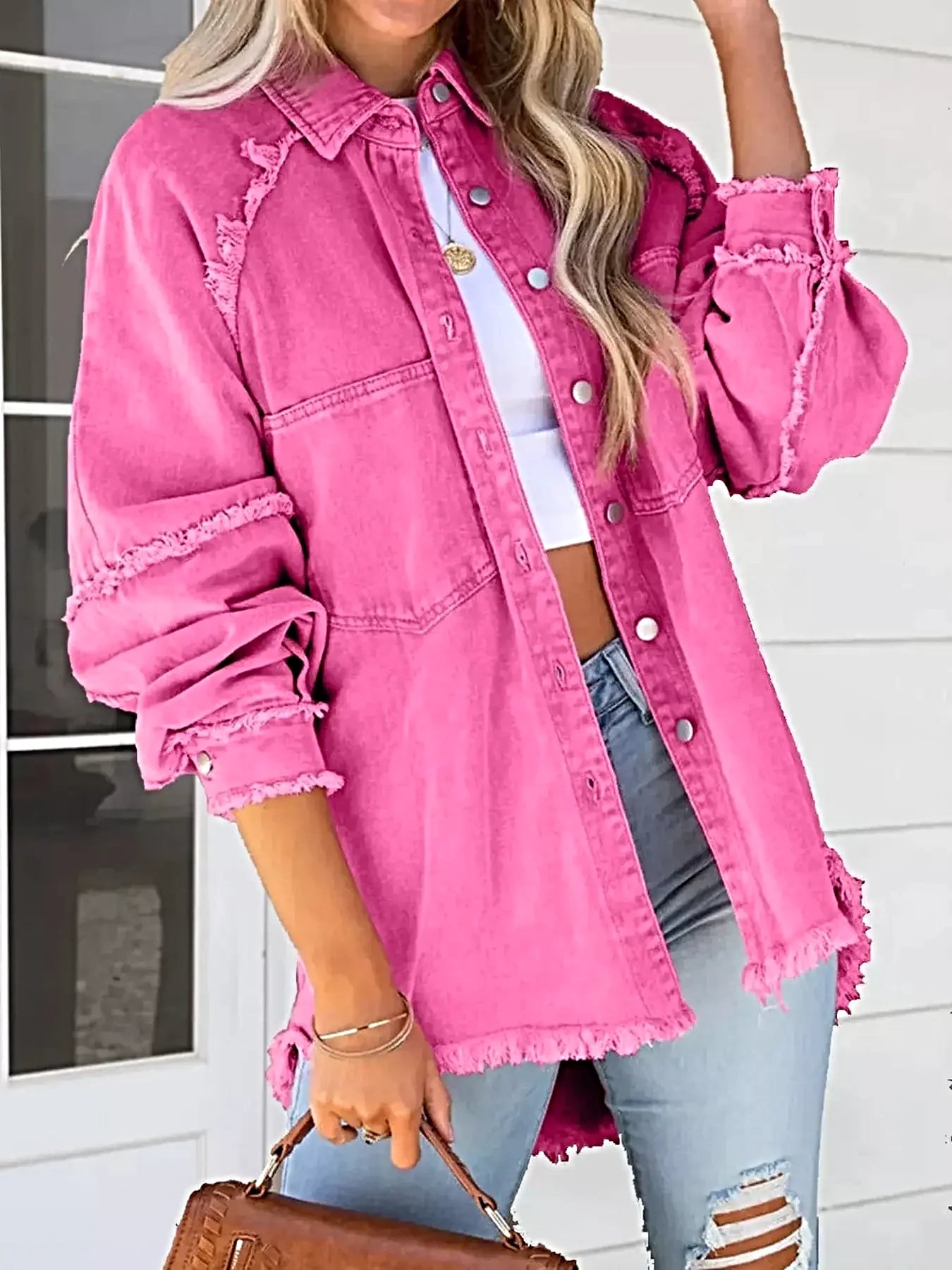 Button Down Raw Hem Denim Jacket -