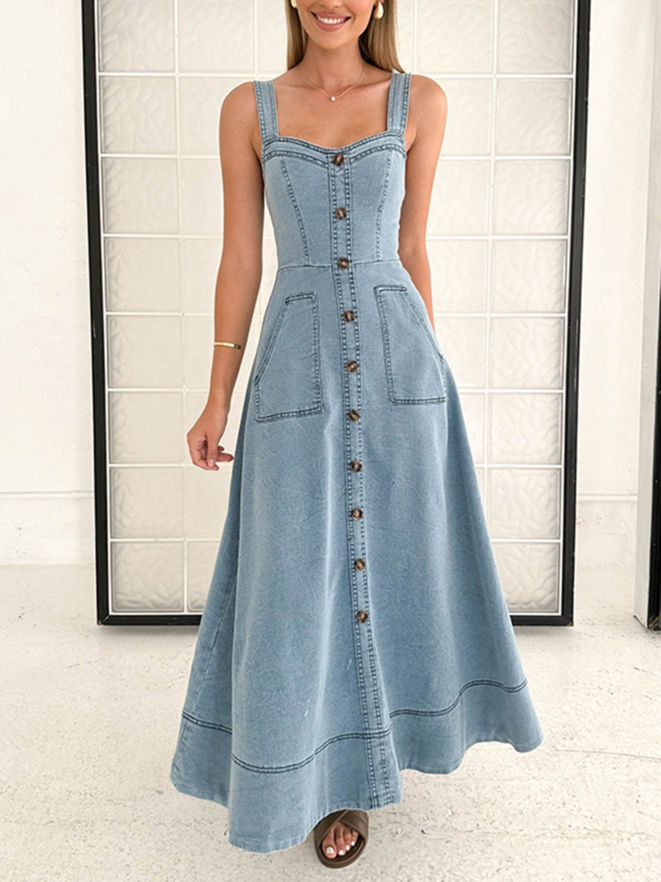 Decor Button Front A-Line Denim Dress -