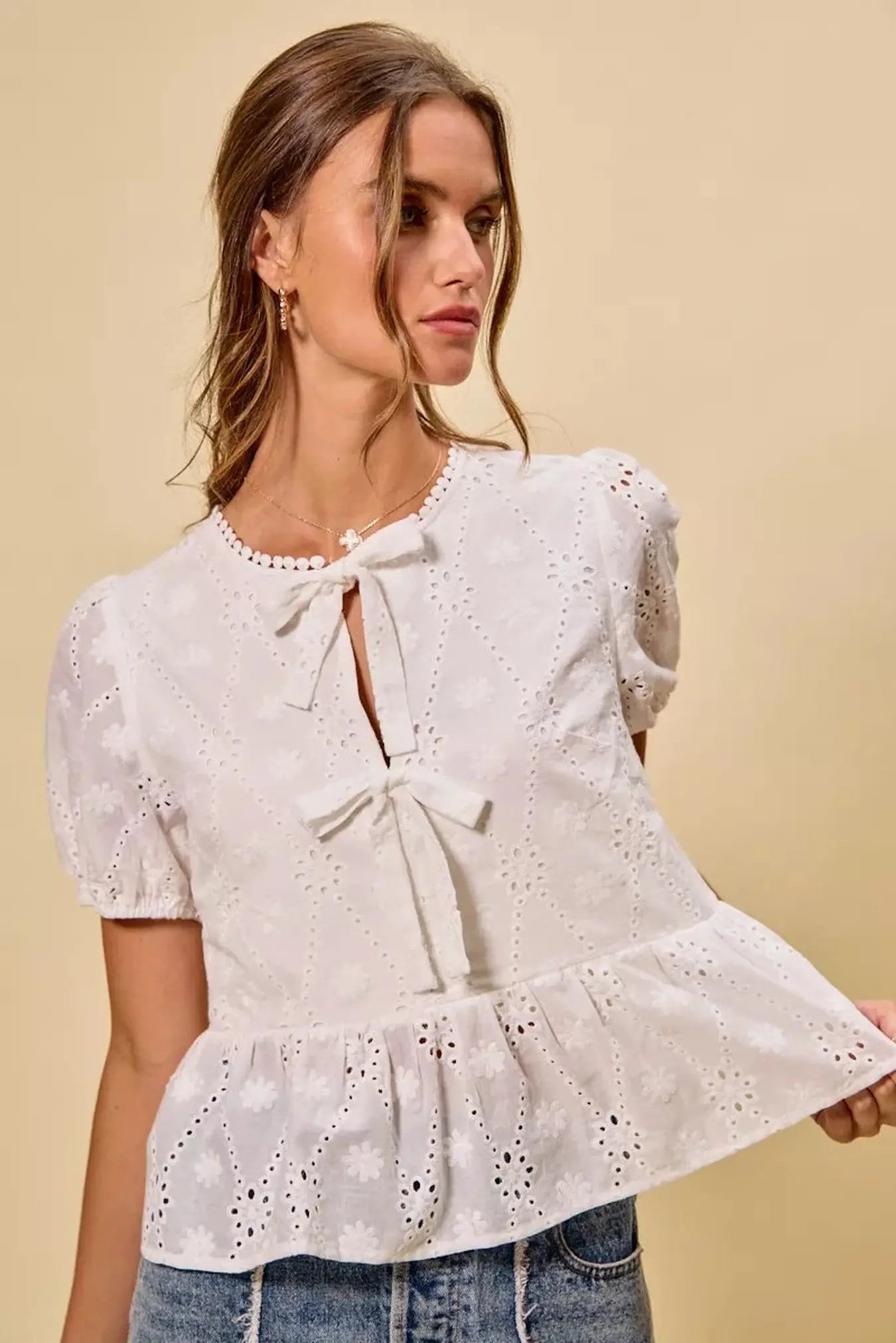 SO ME Cotton Eyelet Front Tie Short Sleeves Blouse -