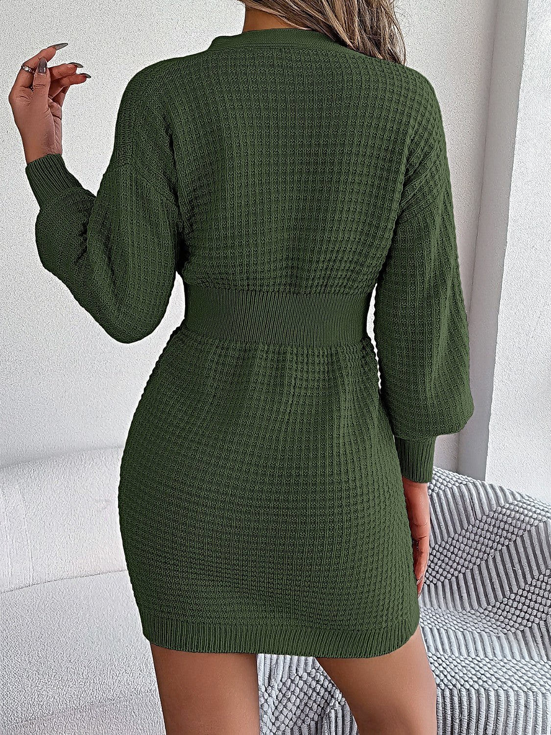 Elegant Buttoned Cable-Knit Dress with V-Neck, Moderate Stretch - 100% Acrylic Trendsi
