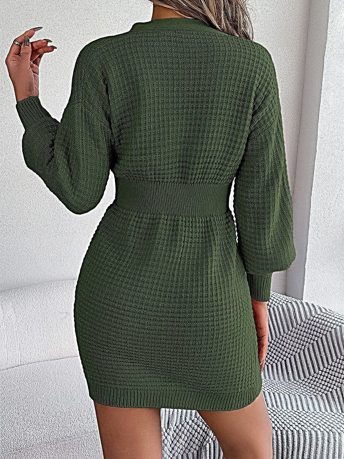 Elegant Buttoned Cable-Knit Dress with V-Neck, Moderate Stretch - 100% Acrylic -