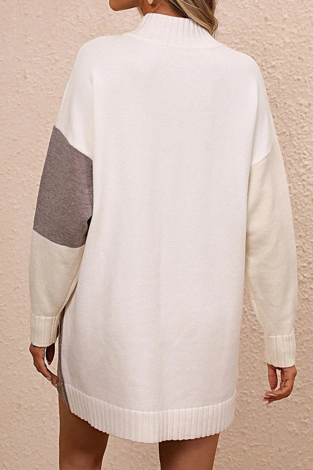 Stylish Color Block Sweater Dress with Mock Neck and Dropped Shoulders - Casual Mini Length Trendsi