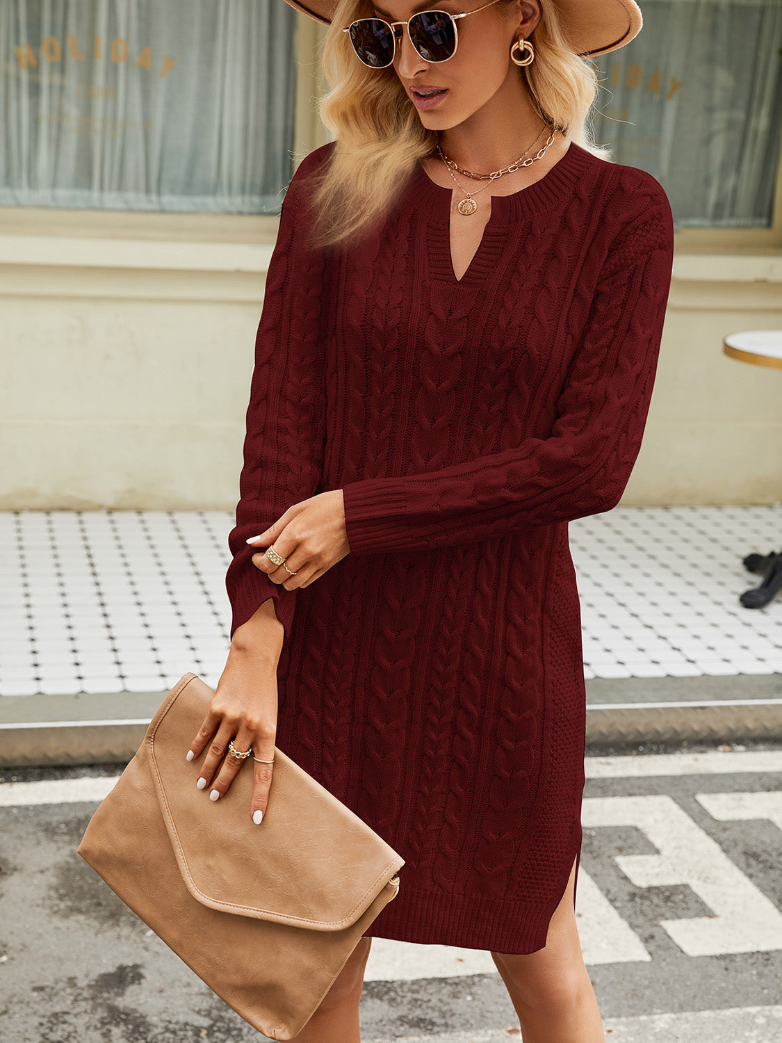 Notched Neck Cable-Knit Slit Sweater Dress -