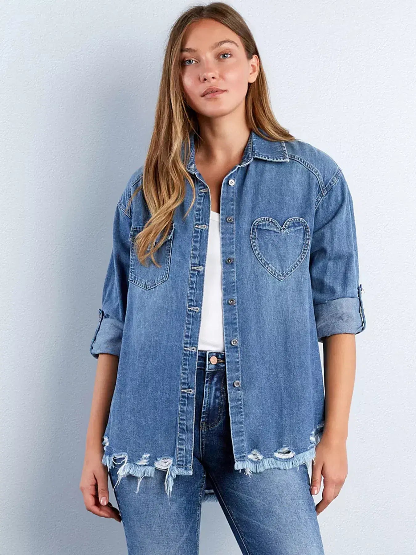 Frayed Hem Roll-Up Sleeve Denim Shirt -