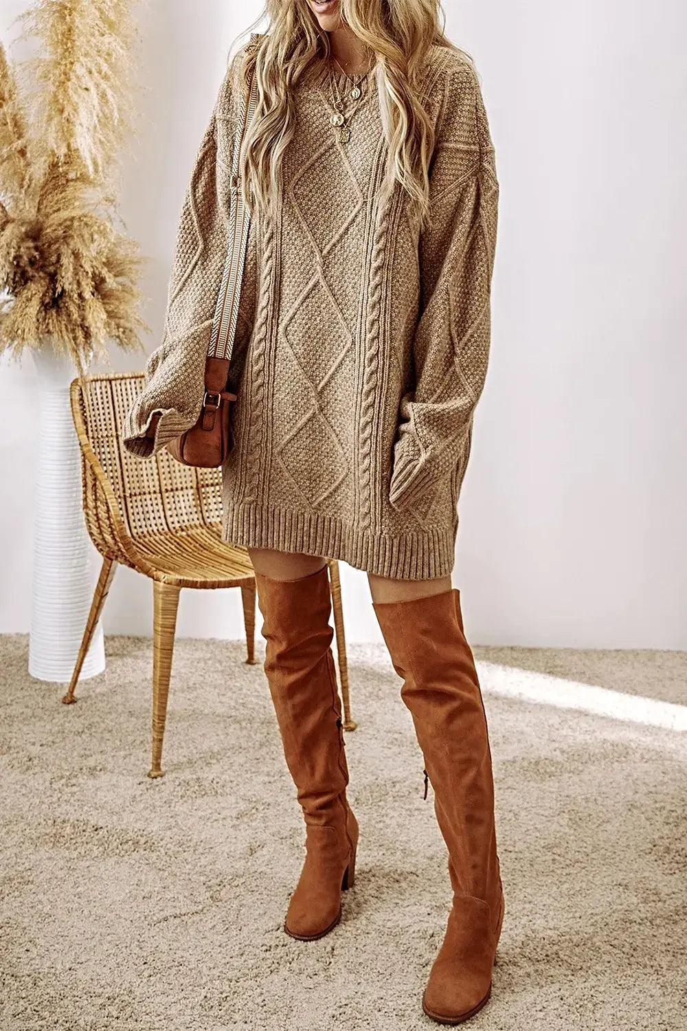 Cable-Knit Round Neck Sweater Dress -