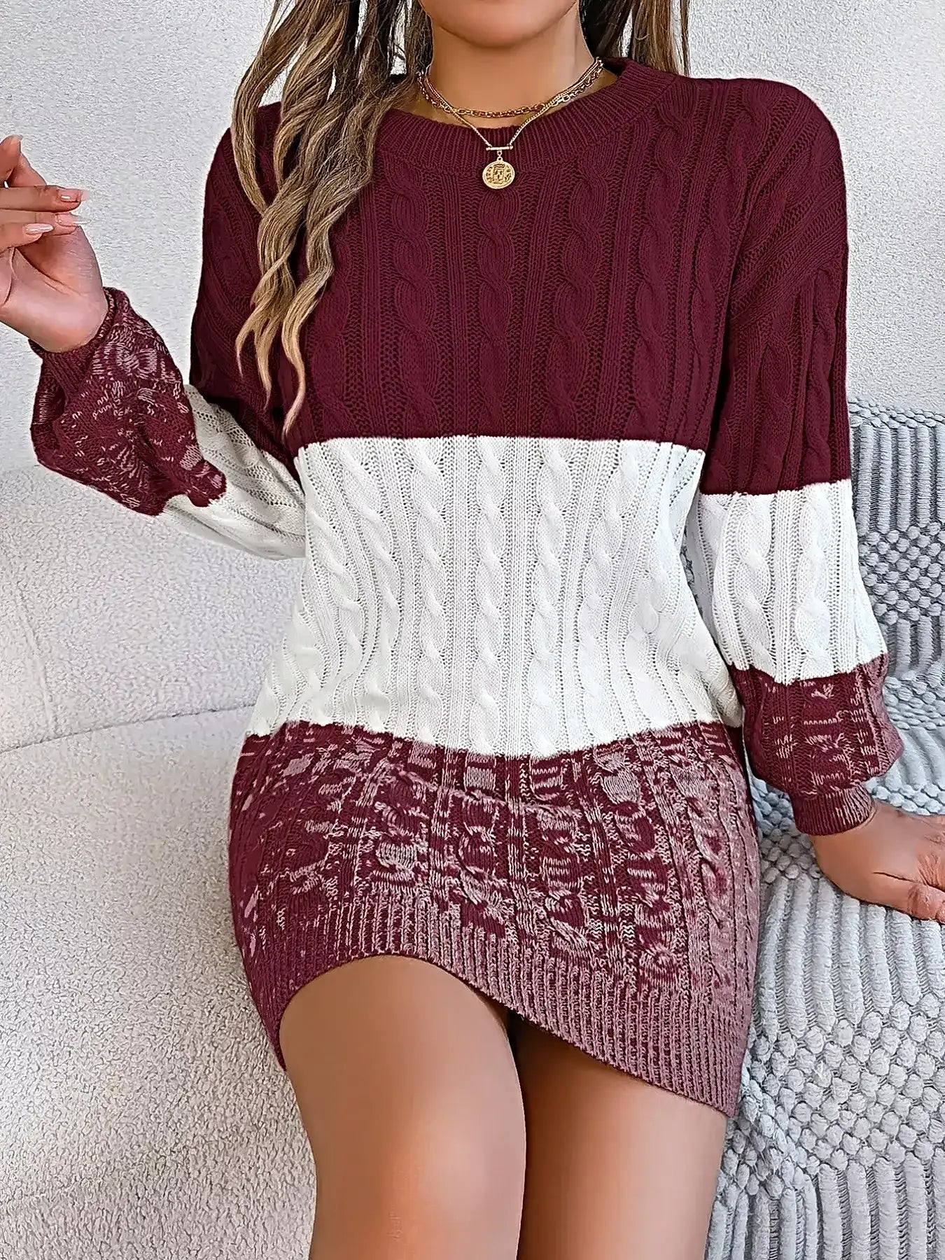 Color Block Cable Knit Sweater Dress with Textured Pattern -
