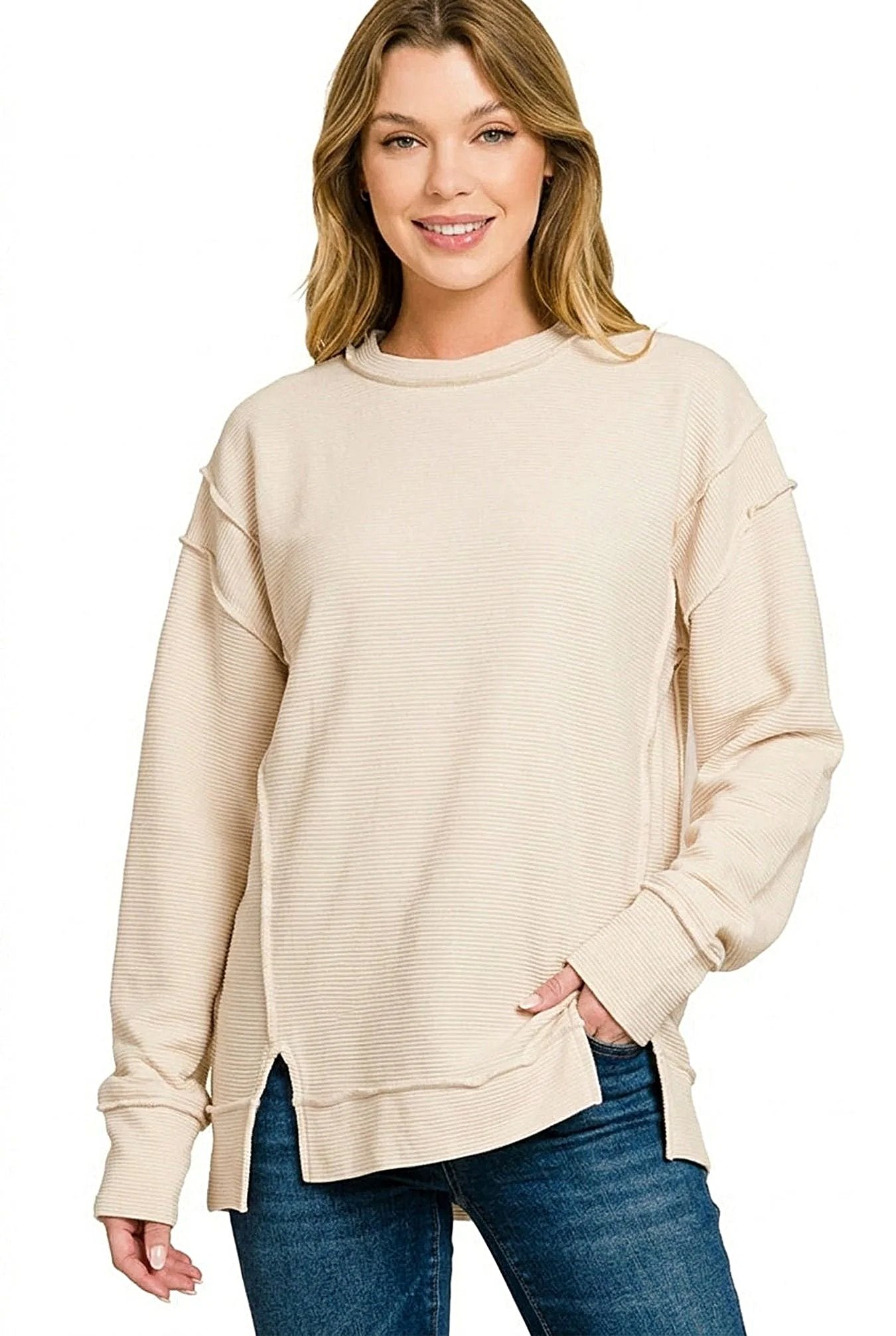 Zenana Acid Washed Double Ribbed Exposed-Seam Sweatshirt -